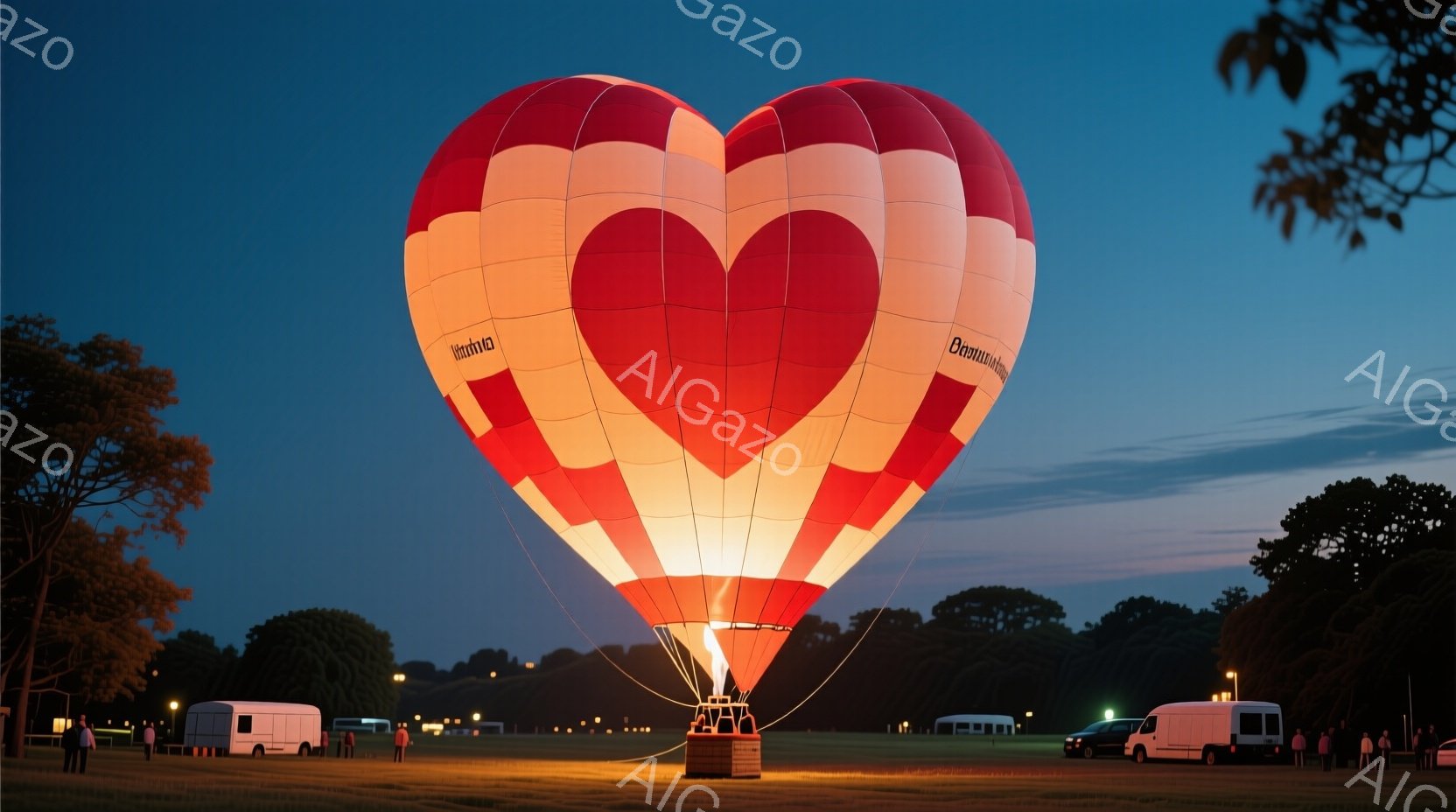 空には、ハート型の大きな熱気球が浮かんでおり、赤とオレンジ色のグラデーションが美しく輝いている。熱気球の下には、バスや車が見え、周囲は緑豊かな木々に囲まれた広い草原が広がっている。夕暮れ時の穏やかな光 - AI生成フリー素材