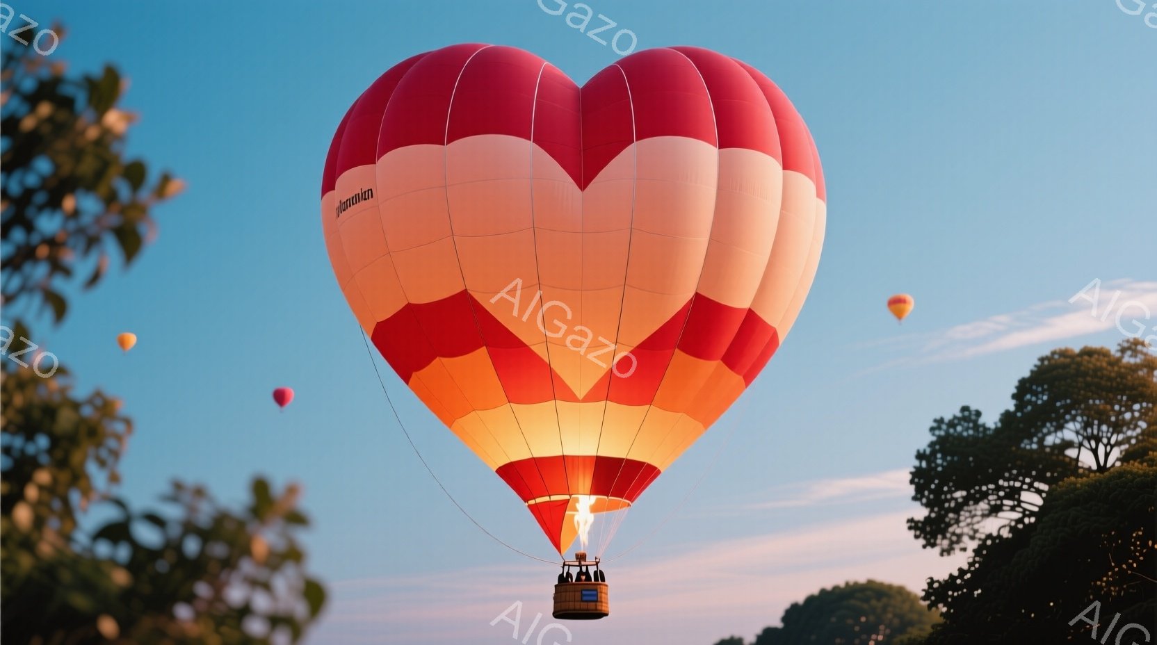 空には、赤とオレンジのストライプが特徴的な大きな熱気球が浮かんでいる。ゴンドラには数人の乗客がおり、背景には緑豊かな木々と、ぼんやりと見える建物や丘陵が見える。空は明るい青色で、穏やかで平和な雰囲気を作り出している。
