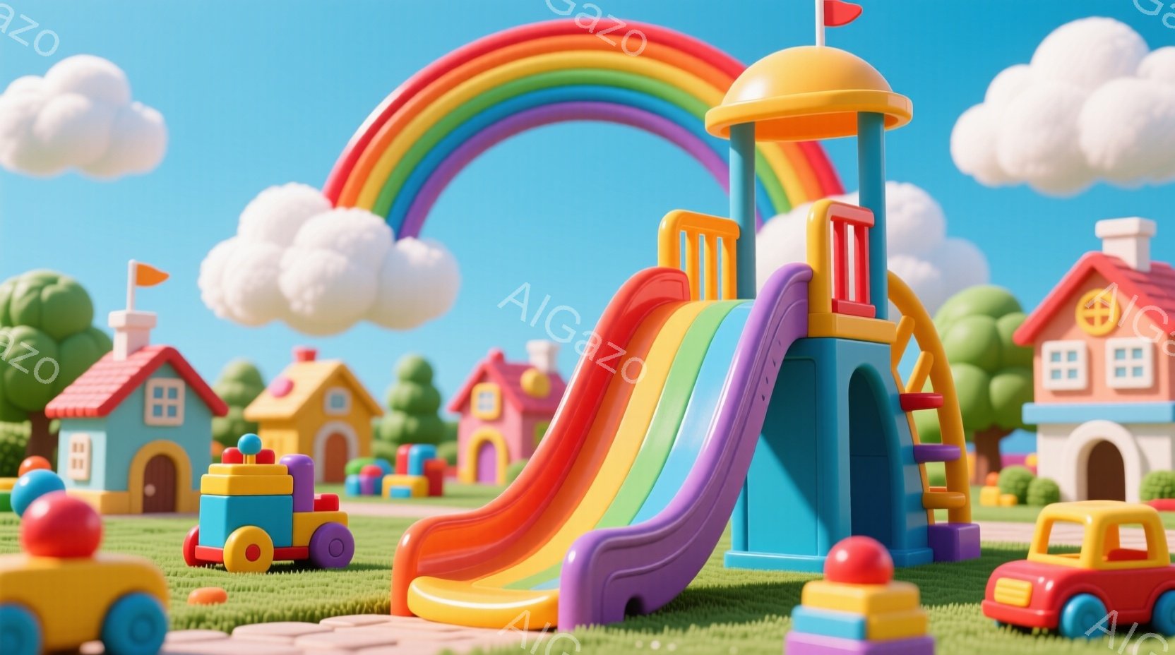明るい青空の下、カラフルな遊具と家々が並ぶ遊園地のような風景です。虹色の滑り台を中心に、赤い屋根の可愛らしい家や、おもちゃのような車が点在し、緑の芝生が敷かれています。全体的に陽気で遊び心にあふれた、 - AI生成フリー素材