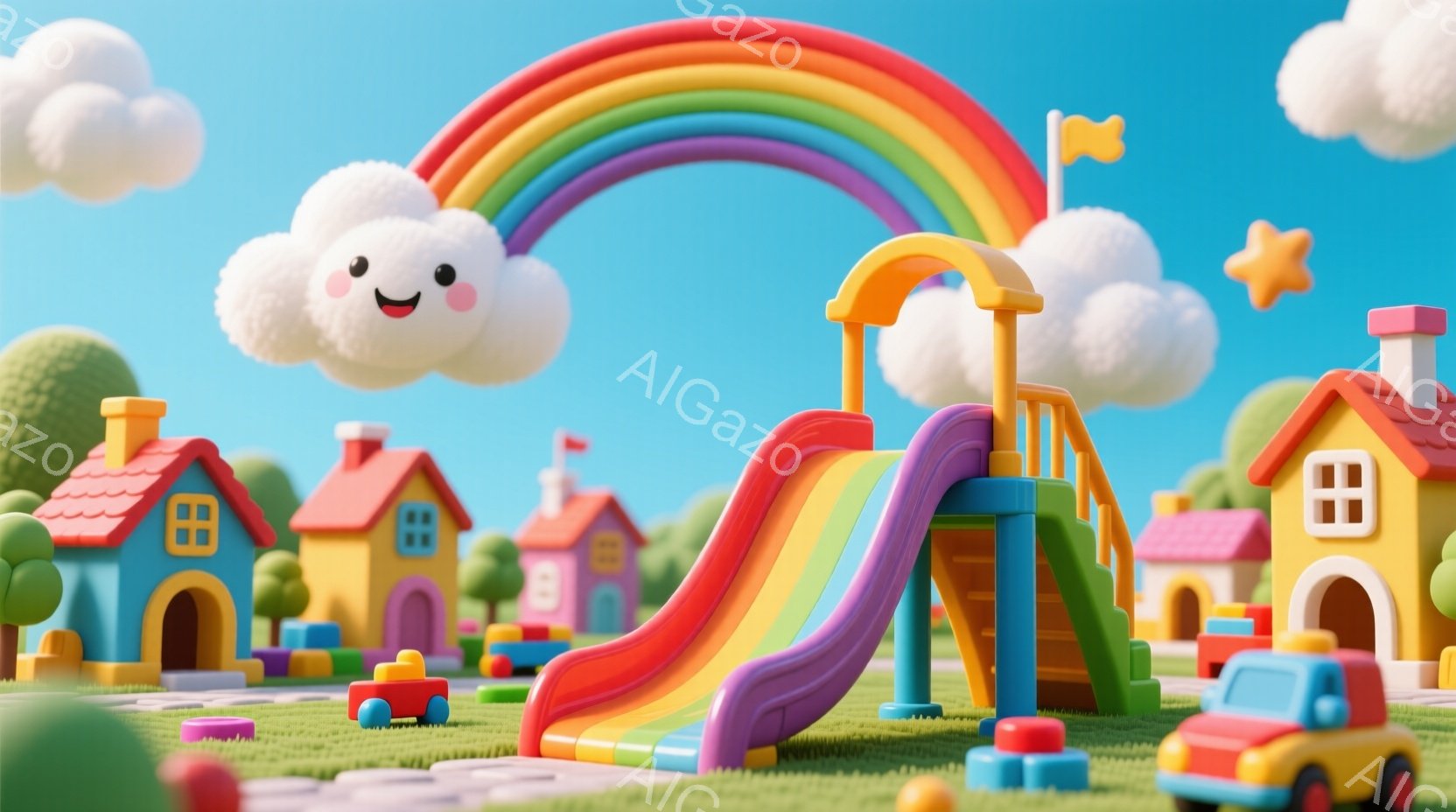 カラフルな遊園地が広がり、赤いスライドと紫のスライドが特徴的な遊具が中央にあります。背景には、可愛らしい家々や緑の丘、そして虹と笑顔の雲が描かれており、明るく楽しい雰囲気が漂っています。小さな車のおも - AI生成フリー素材