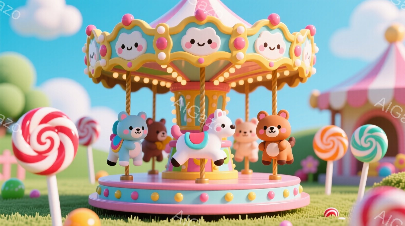 カラフルなメリーゴーランドが、緑の芝生の上で回っています。雲のような形をした可愛らしい動物たち（クマと馬）が乗り物に乗っており、それぞれ愛らしい表情をしています。背景にはキャンディのオブジェとパステル - AI生成フリー素材