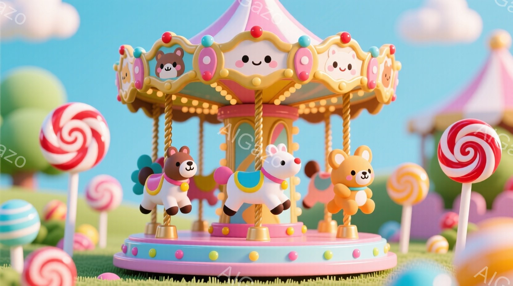 カラフルなメリーゴーラウンドが緑の草原に設置されており、可愛らしい動物たちが乗り物に乗っています。メリーゴーラウンドはピンクと黄色を基調としたデザインで、周囲にはカラフルなキャンディが点在し、楽しい雰囲気を醸し出しています。背景にはパステルカラーの空と、ぼんやりとした丘が見え、夢のような世界観を作り出しています。