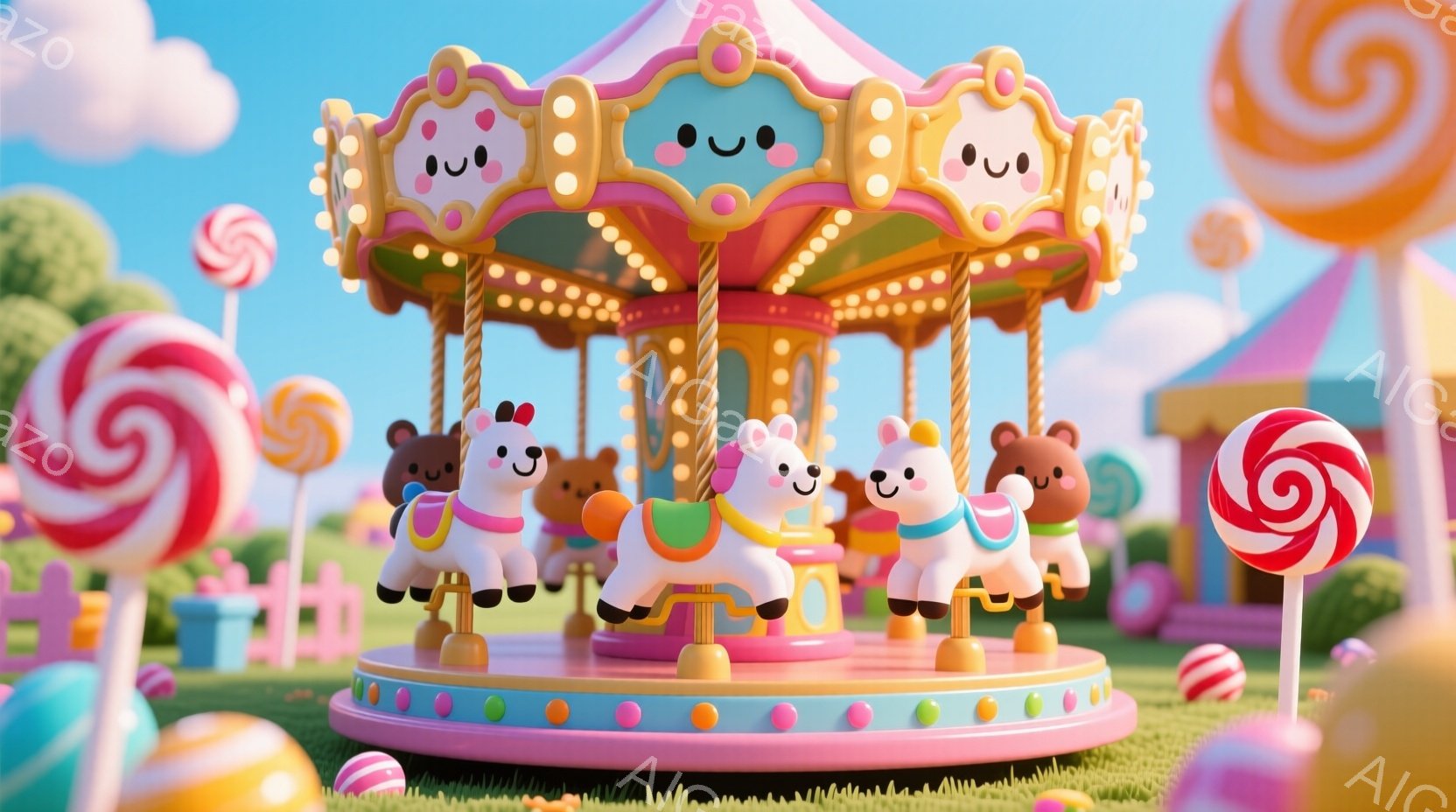 カラフルなメリーゴーランドが緑の草原に設置されており、可愛らしいクマとウサギの乗り物が回転しています。乗り物たちは皆、笑顔で、ピンク、白、茶色のパステルカラーで彩られています。背景には、キャンディのオ - AI生成フリー素材