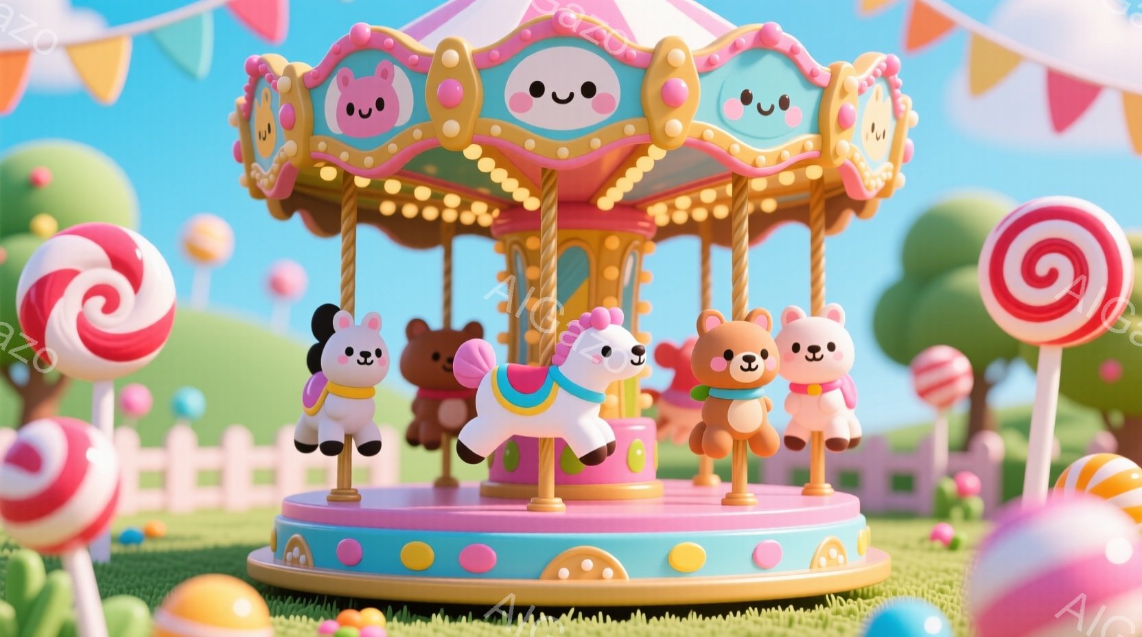 明るいピンクと水色のメリーゴーラウンドが、緑の芝生の上にあります。メリーゴーラウンドには、可愛らしいクマと馬が乗っており、皆笑顔で楽しんでいます。背景にはキャンディやカラフルな建物があり、夢のような甘 - AI生成フリー素材