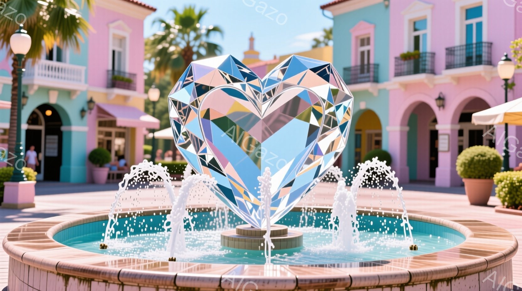 鮮やかなピンクと水色の建物が並ぶ広場の中央に、巨大なダイヤモンド型の噴水が設置されています。噴水は水しぶきを上げ、周囲を明るく照らし、まるで宝石が輝いているようです。背景にはヤシの木が茂り、晴天の下、 - AI生成フリー素材