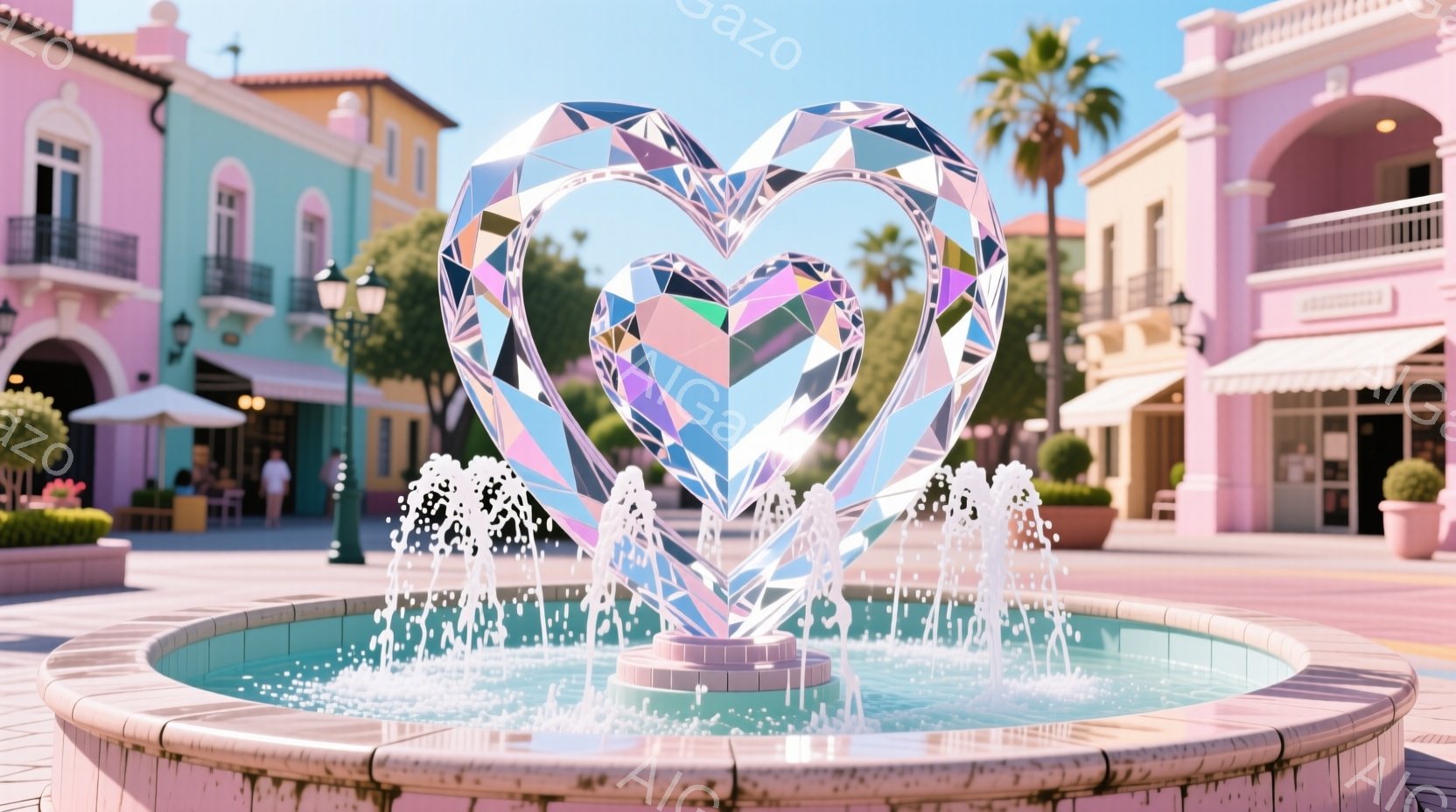 鮮やかな色彩の噴水が中央に配置されており、その中心には大きなポリゴナルなハート型の彫刻が輝いている。背景にはパステルカラーの建物が立ち並び、青空の下、陽光が降り注いでいる穏やかな雰囲気である。噴水の水 - AI生成フリー素材