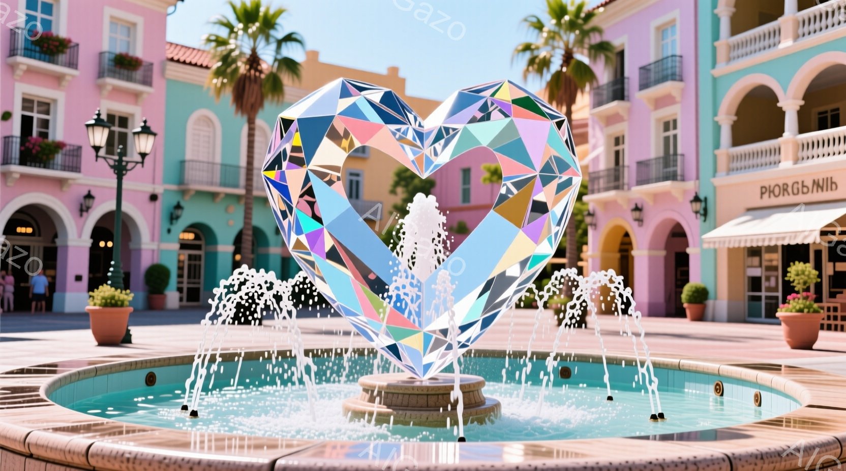 広場の中央には、きらめく多面体のハート型の噴水が設置されており、水しぶきが飛び交っています。背景にはパステルカラーの可愛らしい建物が立ち並び、青い空とヤシの木が南国リゾートのような雰囲気を醸し出してい - AI生成フリー素材