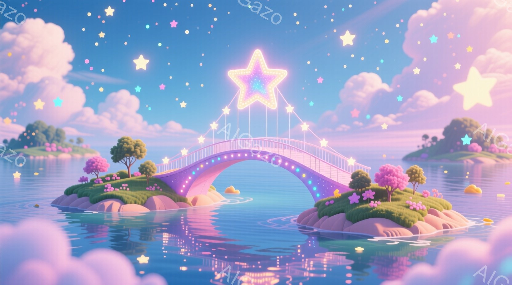 鮮やかな水面に浮かぶ小さな島々を結ぶ、虹色に輝くアーチ橋が印象的な光景です。島々には可愛らしいピンクの花々が咲き乱れ、緑豊かな草地が広がっています。空にはふわふわとした雲が浮かび、星が散りばめられ、夢 - AI生成フリー素材