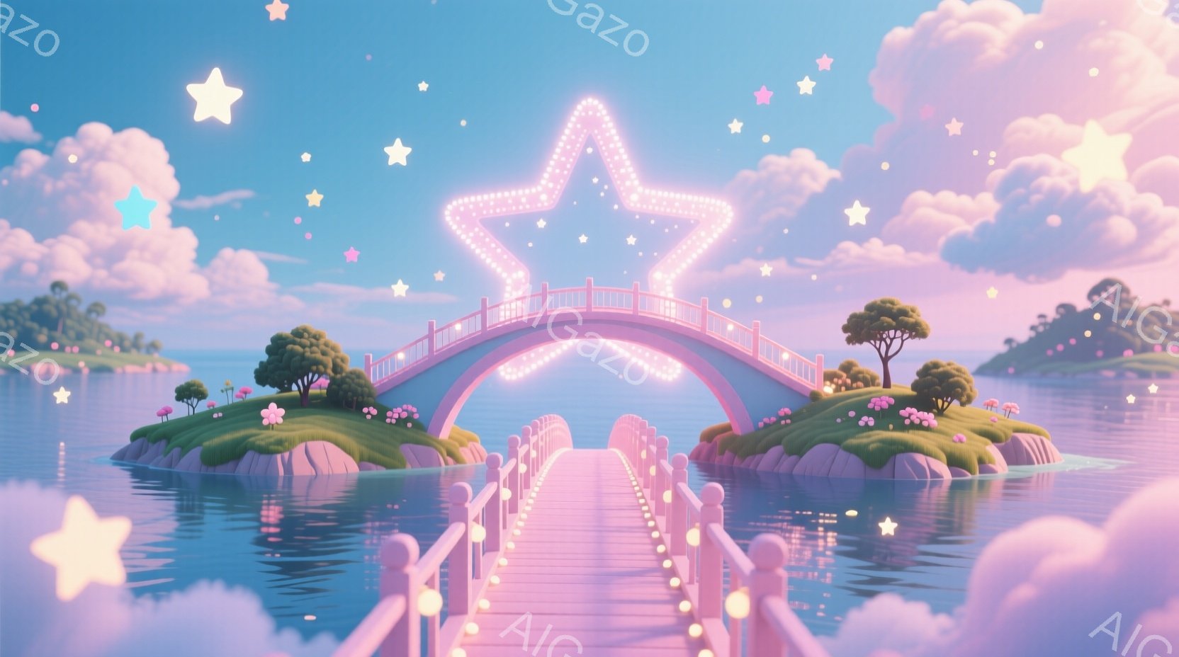 幻想的な風景が広がっており、ピンク色のアーチ状の橋が二つの小さな島を結んでいます。橋の周囲には星が散りばめられ、夜空と海面が穏やかに輝き、まるで夢の中のような雰囲気を醸し出しています。島々には可愛らしい木々や花々が生い茂り、全体的に柔らかく優しい印象を与えます。