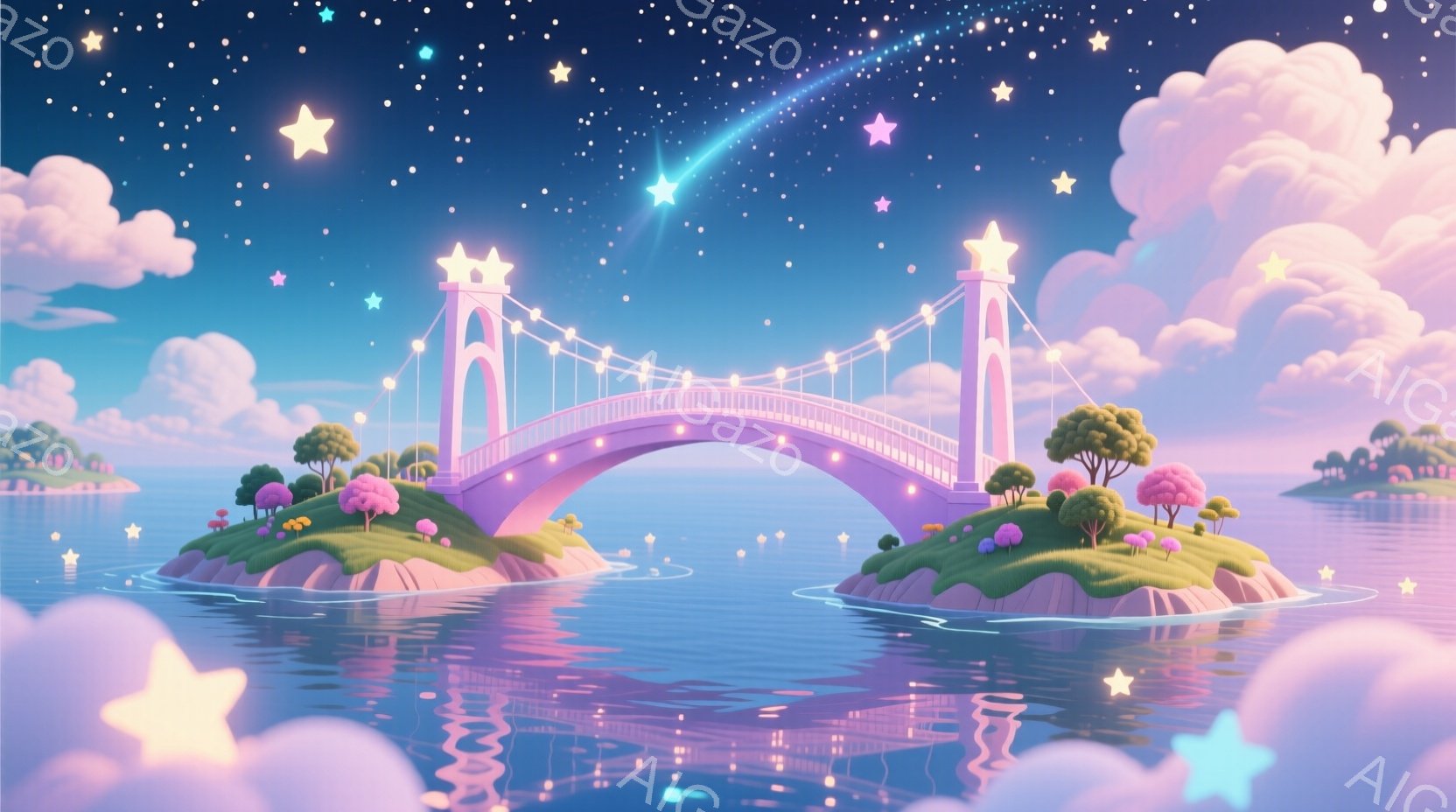 淡いピンク色のアーチ橋が、穏やかな水面に浮かぶ小さな島々を結んでいます。背景には、柔らかい雲と星が散りばめられ、幻想的な雰囲気を醸し出しています。夜空には彗星のような光が流れ、夢のような情景が広がっています。
