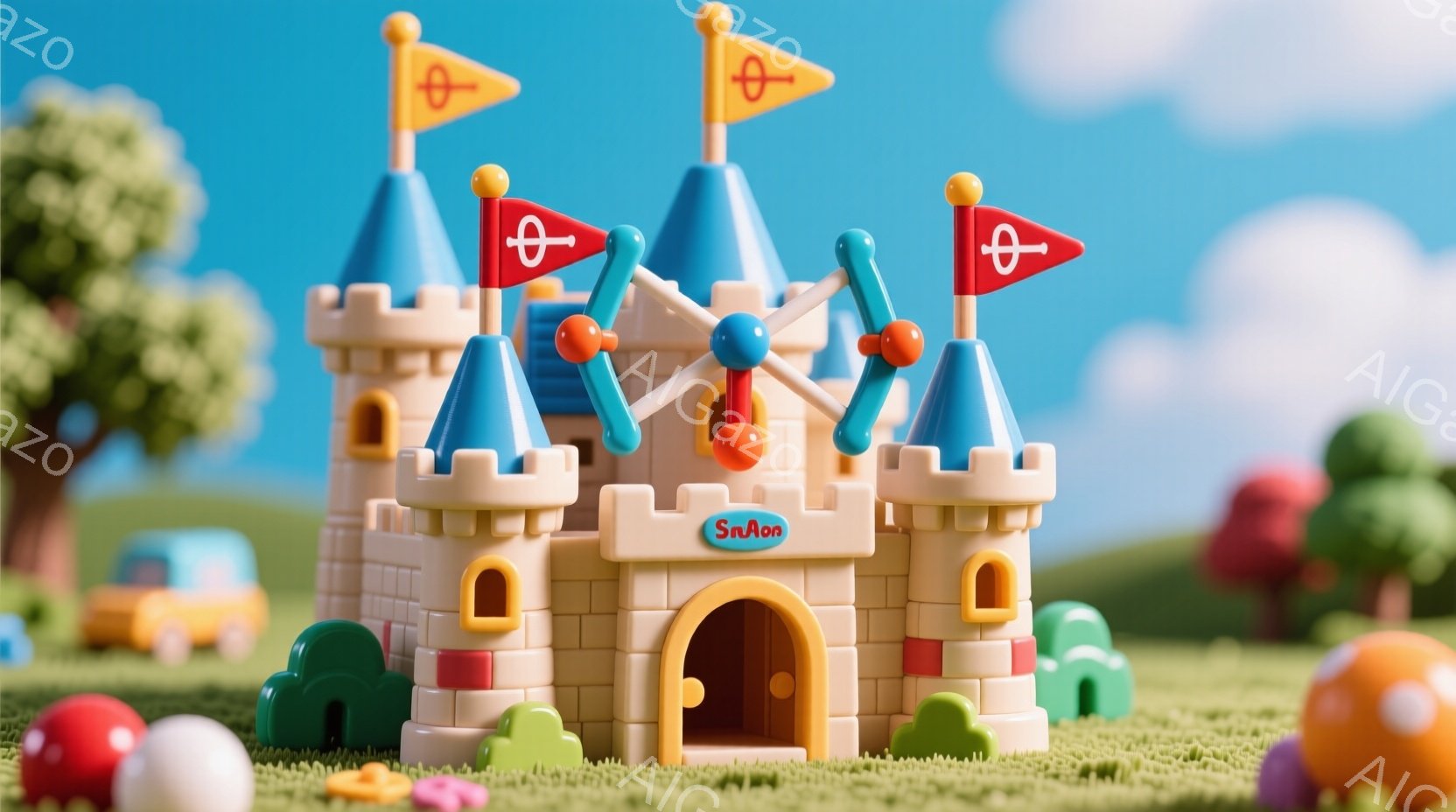 明るい緑の芝生の上に置かれた、カラフルなプラスチックのお城を描いています。お城はベージュ色を基調とし、青い塔と赤い旗が特徴的で、正面にはアーチ型の入り口があります。背景には、小さな木々や、ぼやけた車両 - AI生成フリー素材