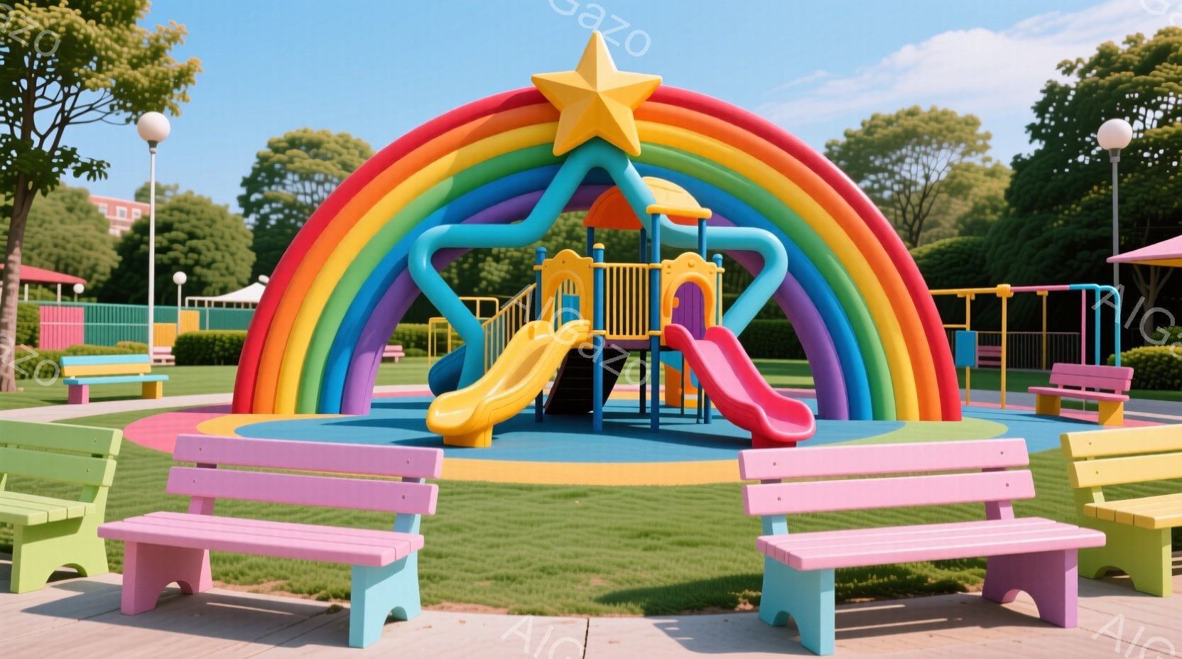 公園には、虹色のアーチ型の遊具があり、その下には青い滑り台と黄色い滑り台があります。遊具の周りにはピンク、青、黄色などのカラフルなベンチが並び、緑豊かな芝生と木々が生い茂っています。晴れた空と穏やかな - AI生成フリー素材