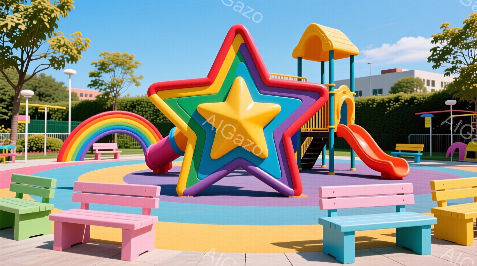 カラフルな遊具が並ぶ公園の写真です。巨大な星形の遊具を中心に、虹色のアーチや滑り台、ベンチが配置されています。背景には緑の生垣と建物が見え、晴れた空の下、明るく楽しい雰囲気が漂っています。 - AI生成フリー素材