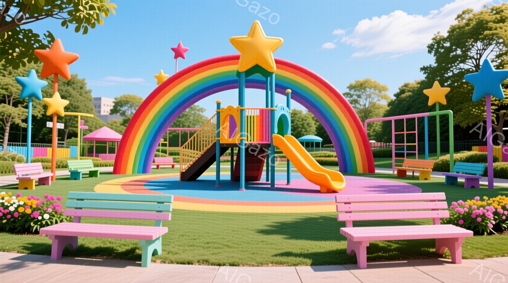 カラフルな遊具が並ぶ公園の風景です。虹色のアーチが特徴的で、その下には滑り台や遊具が設置されています。背景には緑豊かな木々と建物が見え、晴天の空が広がり、明るく楽しい雰囲気が漂っています。 - AI生成フリー素材
