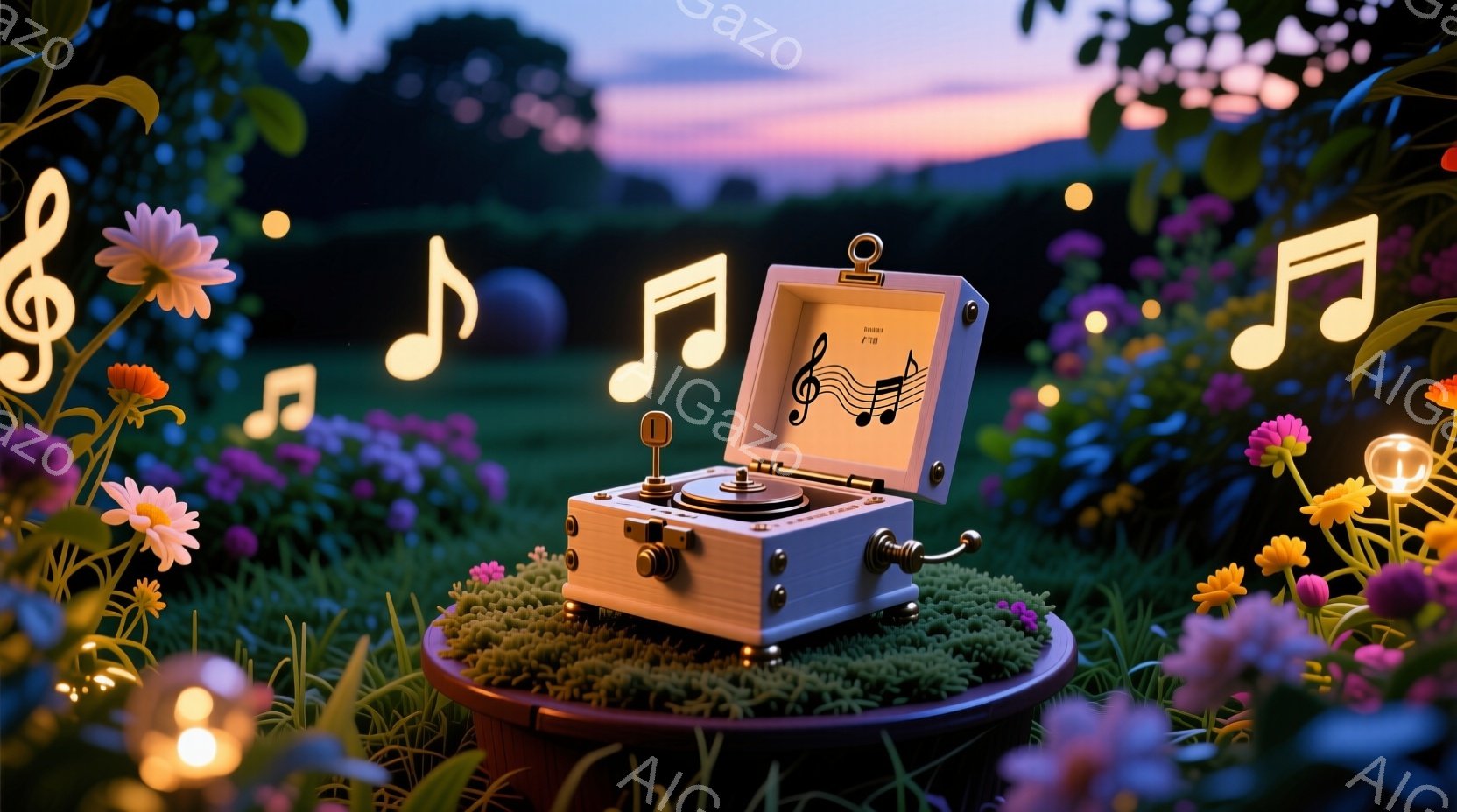 広々とした草原に、可愛らしいレトロな蓄音機が置かれています。周囲には色とりどりの花々が咲き乱れ、背景には柔らかい夕焼け空が広がっています。音楽記号の光が浮かび上がり、幻想的で穏やかな雰囲気を醸し出して - AI生成フリー素材