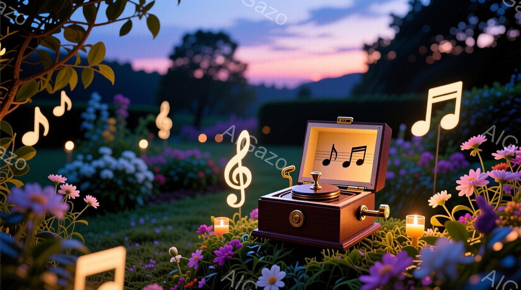 広大な庭園に、古風なレコードプレーヤーが置かれ、周囲には紫色の花々が咲き乱れている。背景には、夕焼け空が広がり、柔らかい光が辺りを照らし、音楽記号が空中に浮かんでいる様子が幻想的な雰囲気を醸し出している。全体的に、ノスタルジックで穏やかな、音楽に包まれた静かな夜の情景が描かれている。
