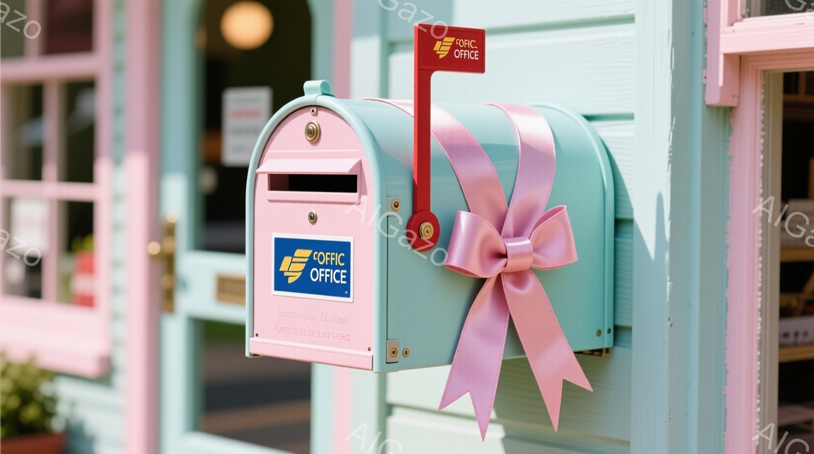 薄い水色の郵便ポストが、明るいピンク色の家の外壁に設置されています。郵便ポストには、青とオレンジのロゴが入った「OFFICE」と書かれたタグが取り付けられ、明るいオレンジ色のリボンが結ばれています。背 - AI生成フリー素材
