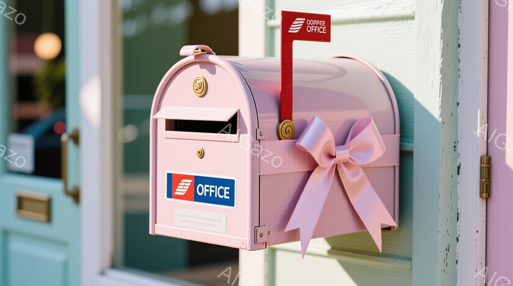 薄いピンク色の郵便ポストが、明るい日差しの中で、建物の壁に取り付けられています。ポストには赤いラベルが貼られ、リボンが結ばれており、華やかな印象を与えます。背景には、窓枠と一部の建物が見え、全体的に穏やかで可愛らしい雰囲気が漂っています。