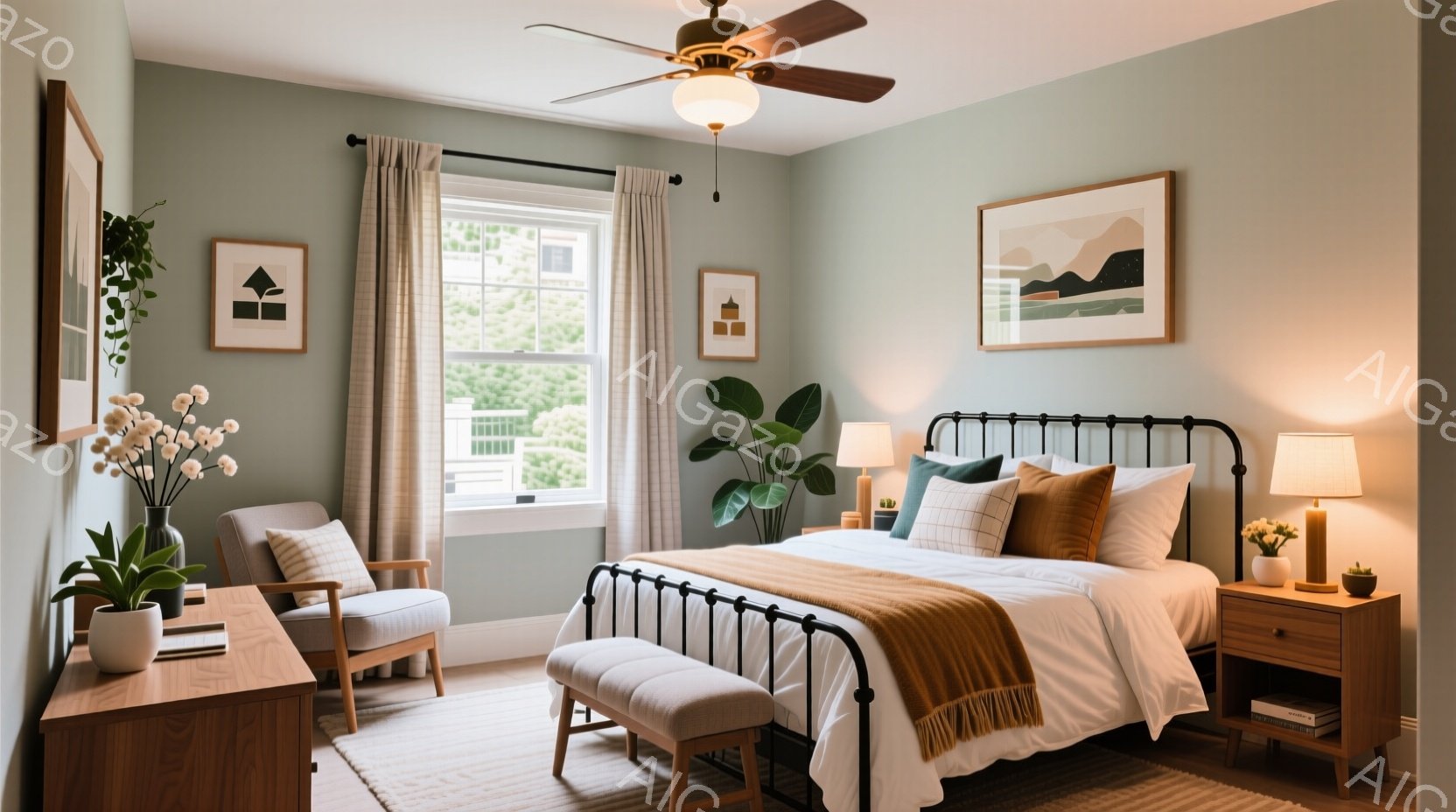 明るい緑色の壁が印象的な寝室で、窓からは緑豊かな自然が見えます。ベッドは黒いフレームで、白のリネンとオレンジ色のブランケットが敷かれており、温かみのある雰囲気を醸し出しています。部屋全体は、木の家具と - AI生成フリー素材