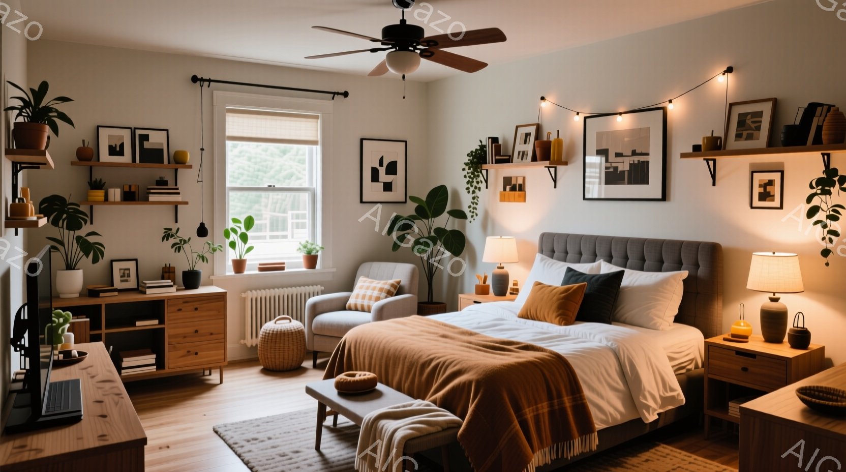 明るい日差しが差し込む寝室で、グレーのヘッドボードのベッドが部屋の中心にあります。ベッドにはオフホワイトのリネンとテラコッタ色のスローが掛けられ、温かみのある雰囲気を醸し出しています。植物やアート作品が飾られた壁、木製の家具、そして自然光が入り込む窓が、居心地の良い空間を作り出しています。