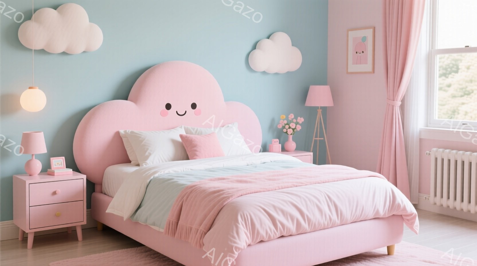 明るいピンク色のベッドルームで、雲の形をしたヘッドボードが特徴的なベッドが中央にあります。ベッドには白いシーツとピンクのフリル付きブランケットがかけられ、ピンク色のナイトスタンドとランプがベッドの横に配置されています。窓からは自然光が差し込み、全体的に柔らかく、夢のような雰囲気の部屋です。