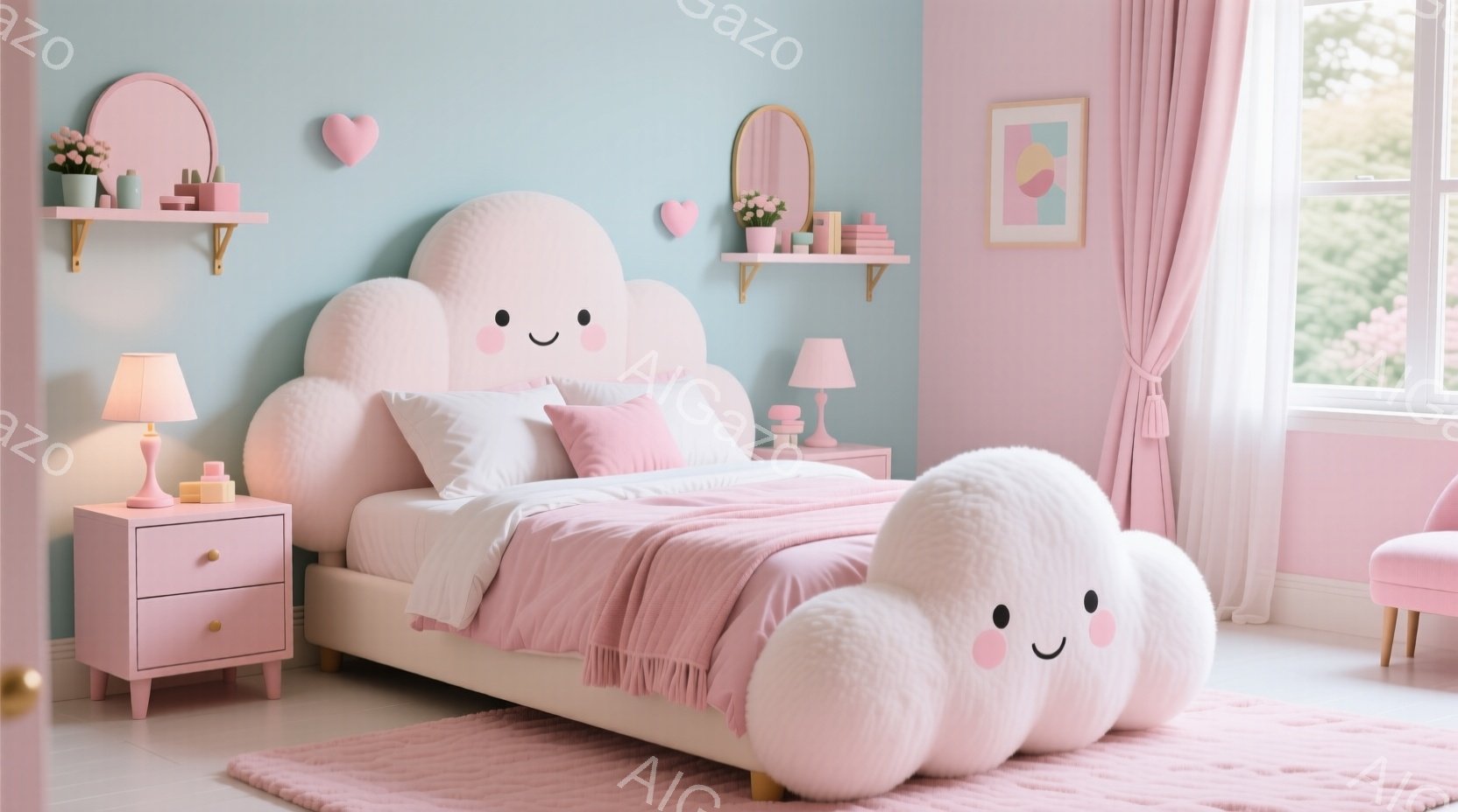 明るいピンクと白を基調とした、可愛らしい寝室です。雲の形をしたヘッドボードと大きな雲の形のクッションが特徴的で、柔らかく夢のような雰囲気を醸し出しています。ピンクのナイトスタンド、白いベッドリネン、パ - AI生成フリー素材