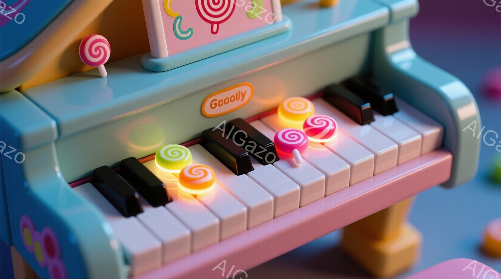 明るいピンクと水色の子供用ピアノが写っている。鍵盤にはキャンディのような色の光が点滅しており、遊び心に満ちた雰囲気を醸し出している。背景はぼやけた水色で、おもちゃの可愛らしさを強調している。