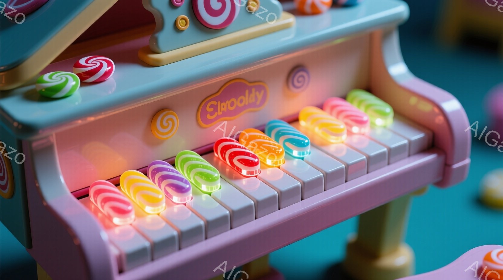 明るいピンク色の子供用ピアノが写っている。鍵盤の代わりにカラフルなキャンディーが並べられており、遊び心と夢のような雰囲気を醸し出している。背景は明るい緑色で、他のキャンディーの装飾が見え、全体的に甘くて楽しい印象を与える。