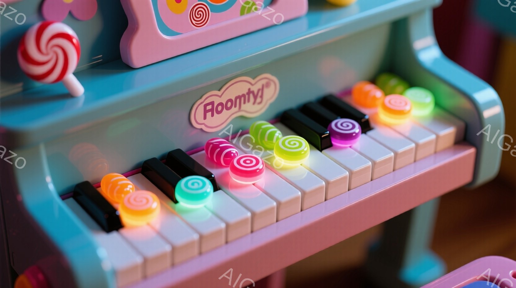 明るいピンク色の子供用ピアノが写っており、鍵盤には様々な色をしたキャンディが置かれている。鍵盤は白と黒で構成され、キャンディは赤、オレンジ、緑、紫、ピンクなど鮮やかな色合いで、遊び心と楽しさを表現して - AI生成フリー素材