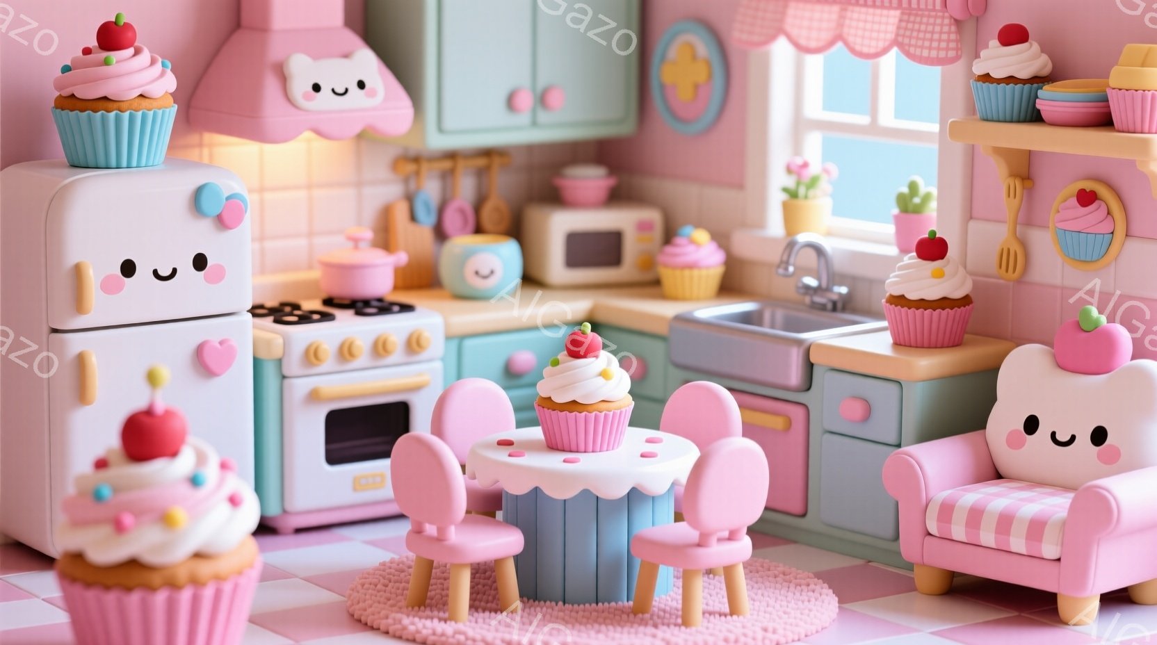 鮮やかなピンクと水色の可愛らしいキッチンが描かれています。冷蔵庫やオーブン、椅子など、すべての家具がカップケーキのような顔を持っており、全体的に遊び心のある雰囲気が漂っています。背景には窓があり、明るい光が差し込み、温かさと楽しさを感じさせます。