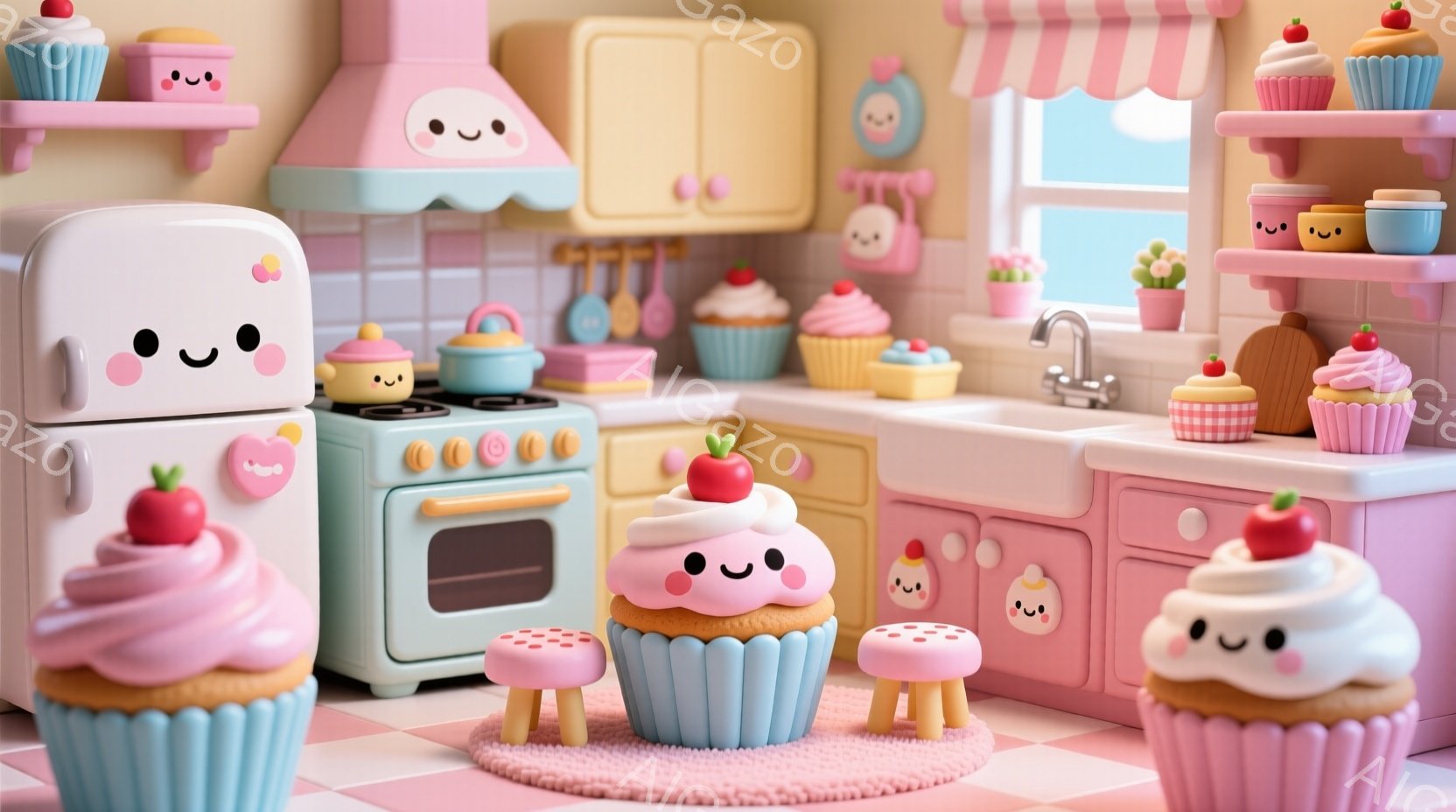 優しいピンクとパステルカラーのキッチンが描かれています。冷蔵庫、ガスレンジ、シンクなどのキッチン用品はすべて可愛らしい顔を持っており、まるで生きているかのような印象を与えます。背景には可愛らしいカップケーキやフルーツが配置され、温かく、甘い雰囲気を醸し出しています。