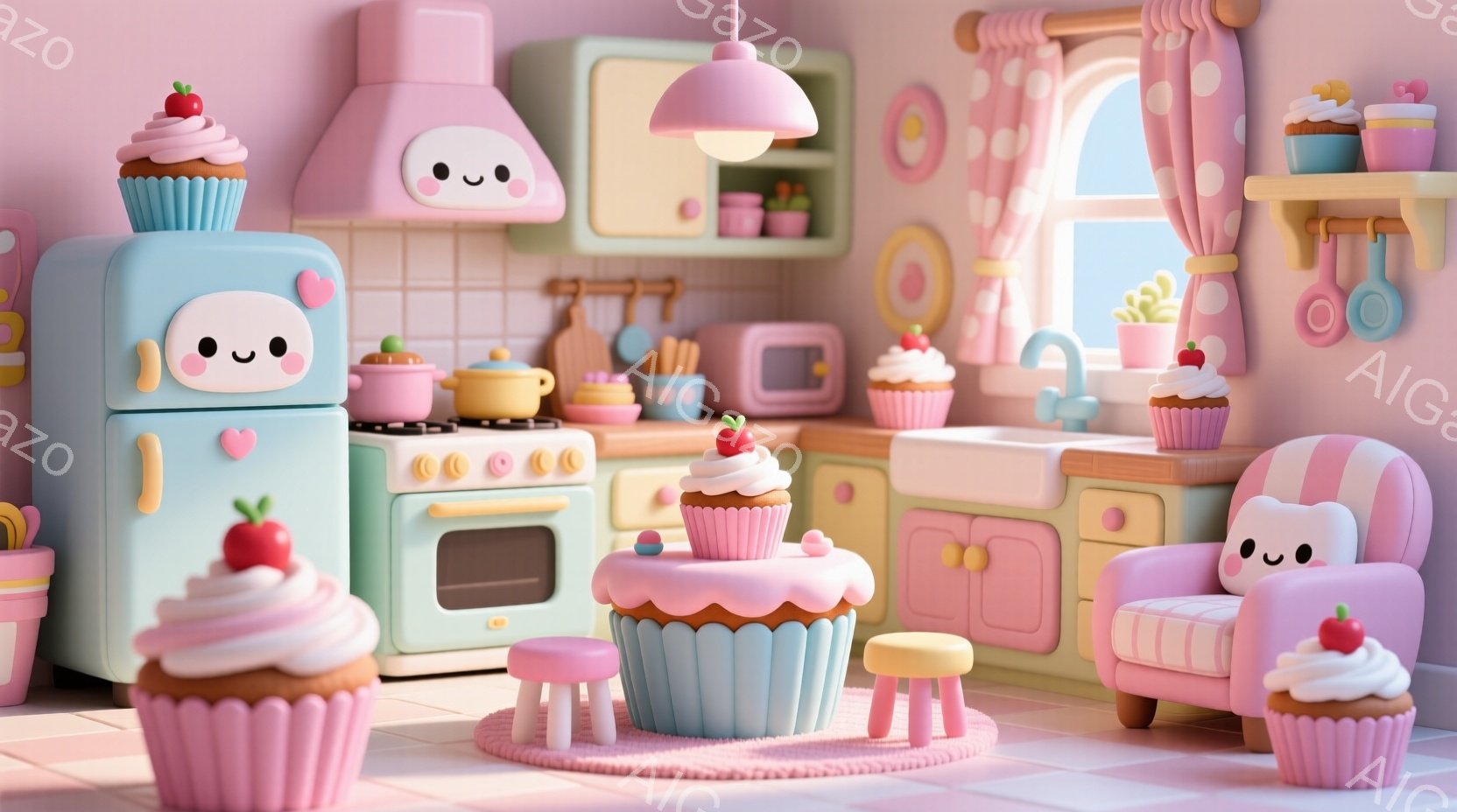パステルカラーで統一された、可愛らしいキッチンルームです。冷蔵庫、椅子、テーブルなど、すべての家具がカップケーキをモチーフにした、ユニークなデザインとなっています。窓からは柔らかい光が差し込み、全体的に温かく、夢のような雰囲気を醸し出しています。