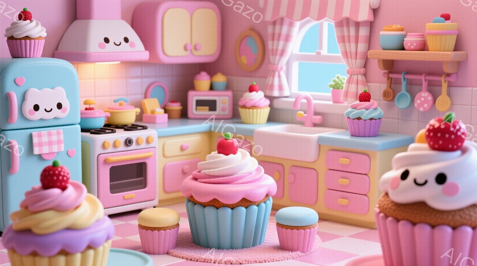 パステルカラーで統一された可愛らしいキッチンが描かれています。冷蔵庫、調理台、オーブンなど、キッチン用品はすべてカップケーキのような形をしており、愛らしい表情を浮かべています。窓からは柔らかな光が差し - AI生成フリー素材