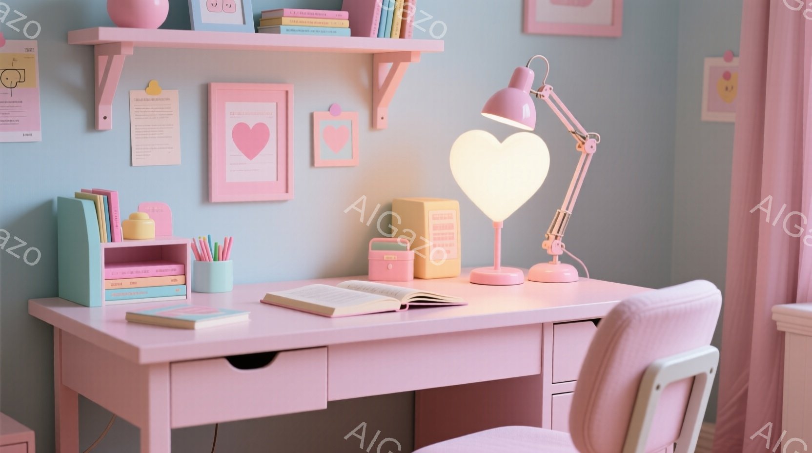 明るいピンク色の机の上には、開いた本、ペン立て、そして可愛らしい小物たちが並べられています。壁には、ハートの絵と棚があり、全体的に柔らかく温かい雰囲気です。ピンクとパステルカラーが基調で、心地よい空間を作り出しています。