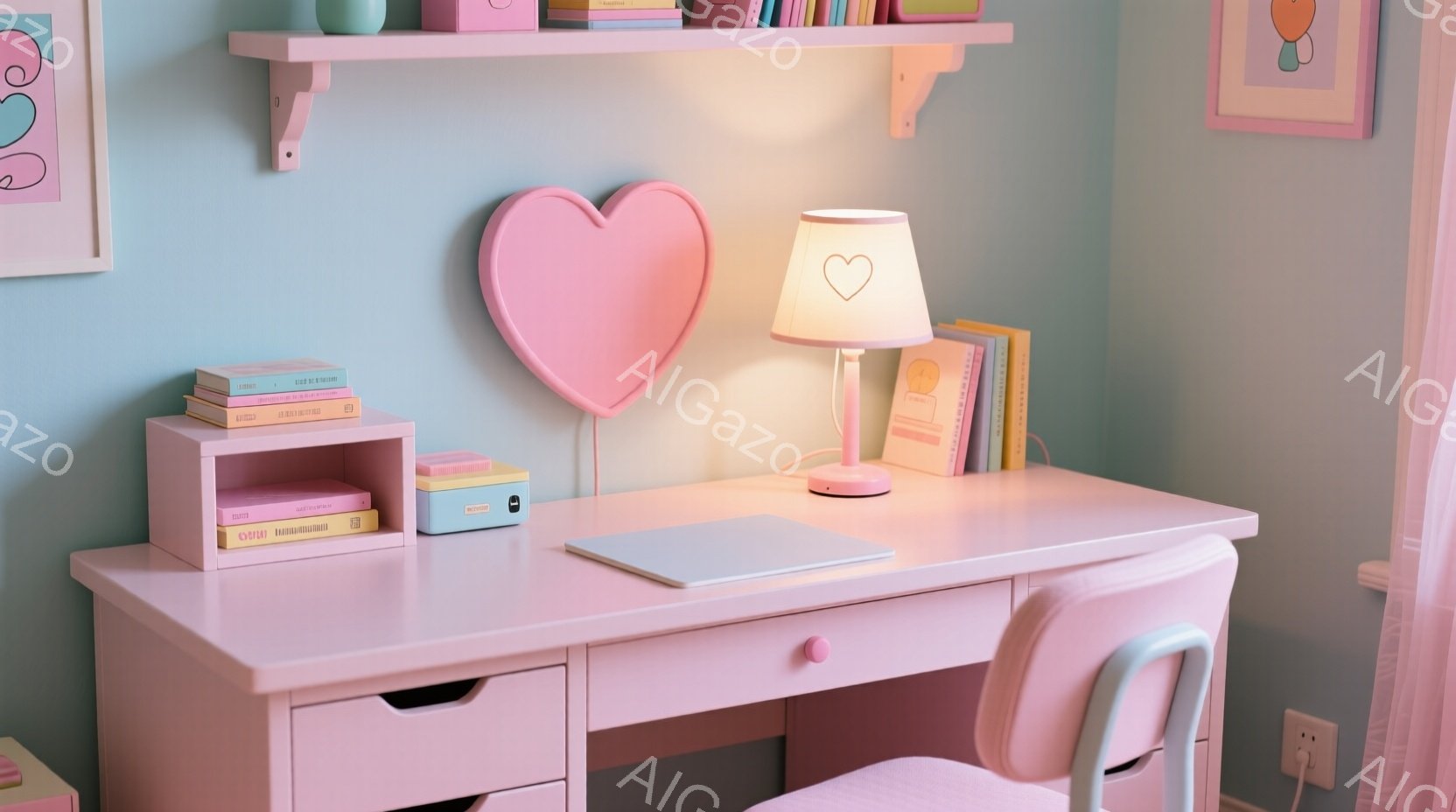 淡いピンク色の机の上には、本が積み重ねられたブックスタンドと、ノート、ペン、そしてタブレットが置かれています。壁は水色で、ピンク色のハート型の飾りと絵が飾られており、明るい雰囲気です。全体的に可愛らし - AI生成フリー素材