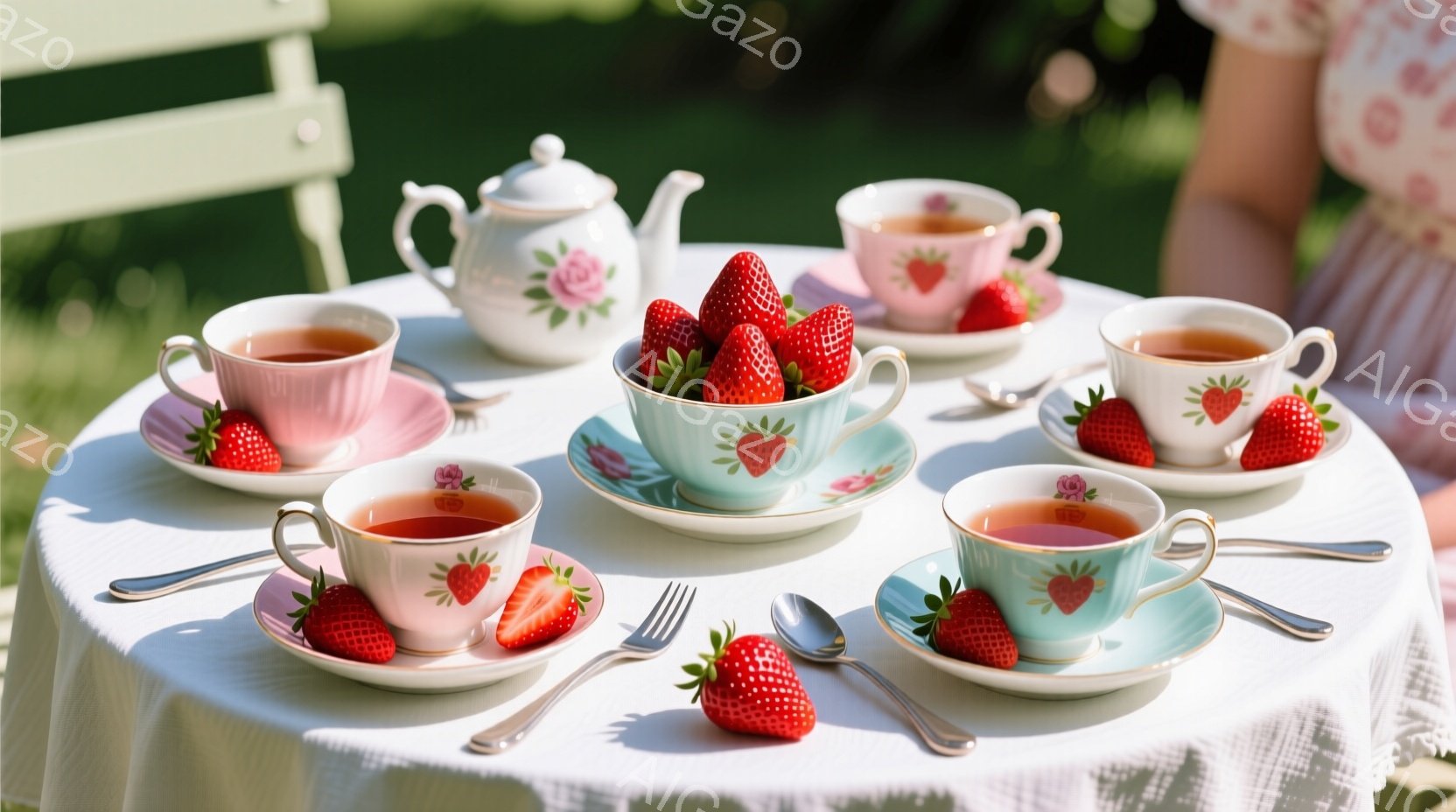 白いテーブルクロスの上に、可愛らしいピンクと水色のティーカップとティーポットが並べられています。ティーカップにはそれぞれ赤いイチゴが添えられており、テーブルの上にはいくつかのイチゴが散りばめられています。背景には白い椅子が見え、明るい屋外でイチゴを使ったティーパーティーを楽しむ、牧歌的な雰囲気が漂っています。