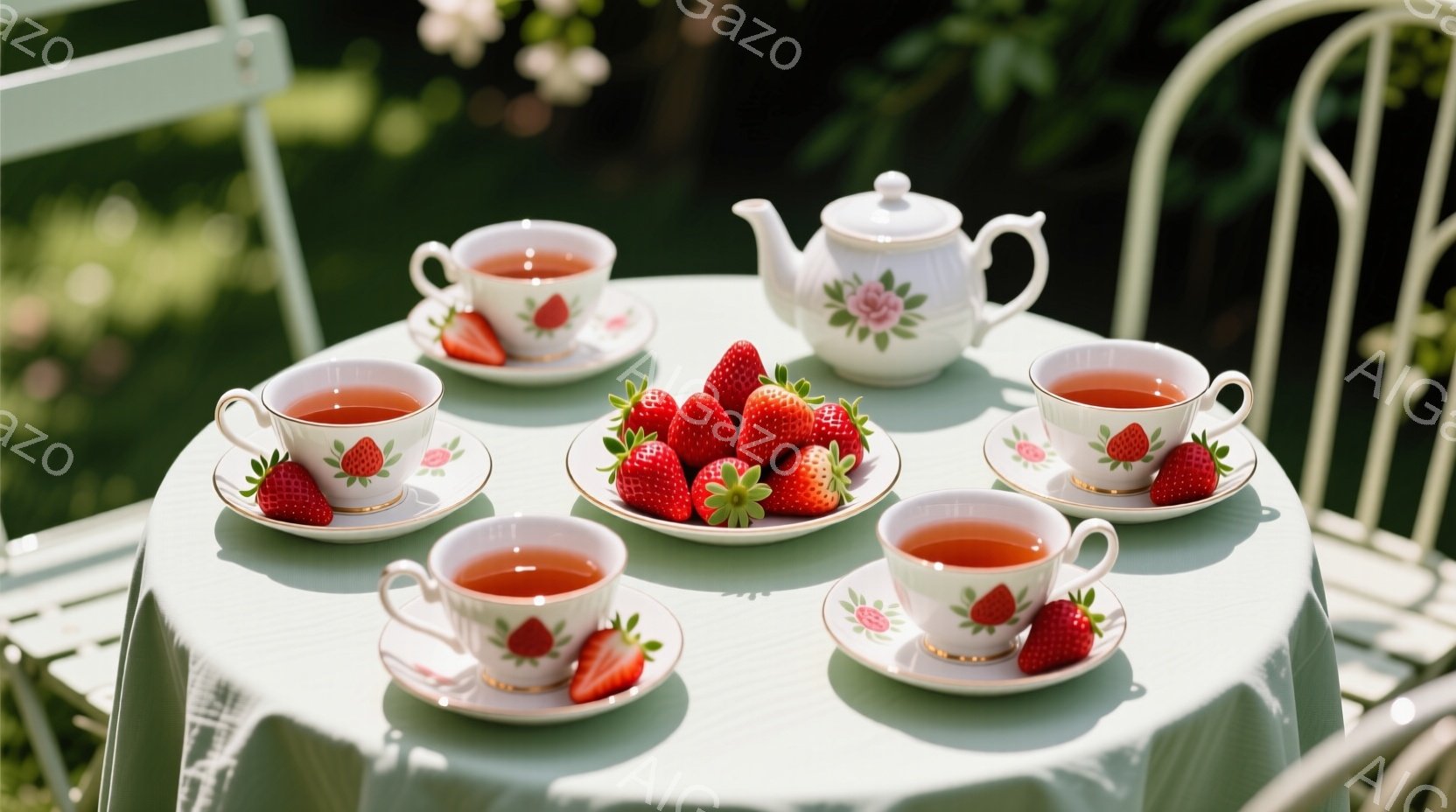 淡い緑色のテーブルクロスが敷かれたテーブルの上に、白地にピンクの花柄のティーカップとソーサーが並べられています。それぞれのカップには赤いお茶が注がれており、ティーカップの縁には新鮮なイチゴが添えられています。背景には緑豊かな植物が見え、明るい日差しの中で優雅なティータイムの雰囲気が漂っています。