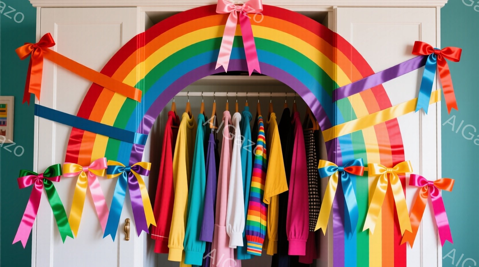 クローゼットの入り口が虹色のリボンで飾られています。ハンガーには、ピンク、オレンジ、黄色、緑、青、紫など、様々な色のスウェットシャツやパーカーが並んでおり、色彩豊かです。背景は白い壁で、明るく、遊び心のある雰囲気が漂っています。