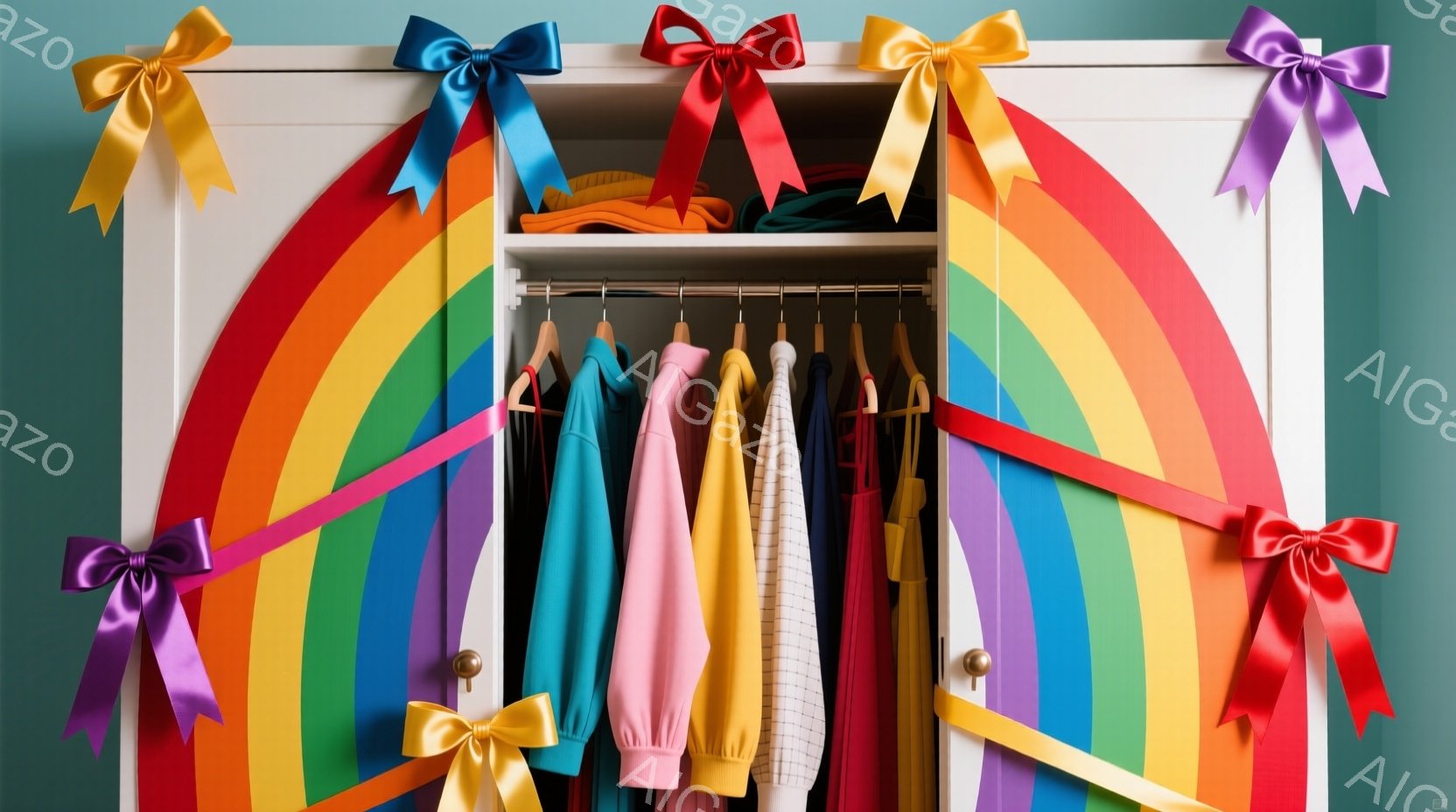 開いたクローゼットの中には、虹色のストライプが壁に描かれ、様々な色のジャケットやセーターが並べられています。各色の端には大きなリボンが飾られ、陽気で明るい雰囲気を演出しています。全体的に、カラフルで楽しい、まるで夢のような空間が表現されています。