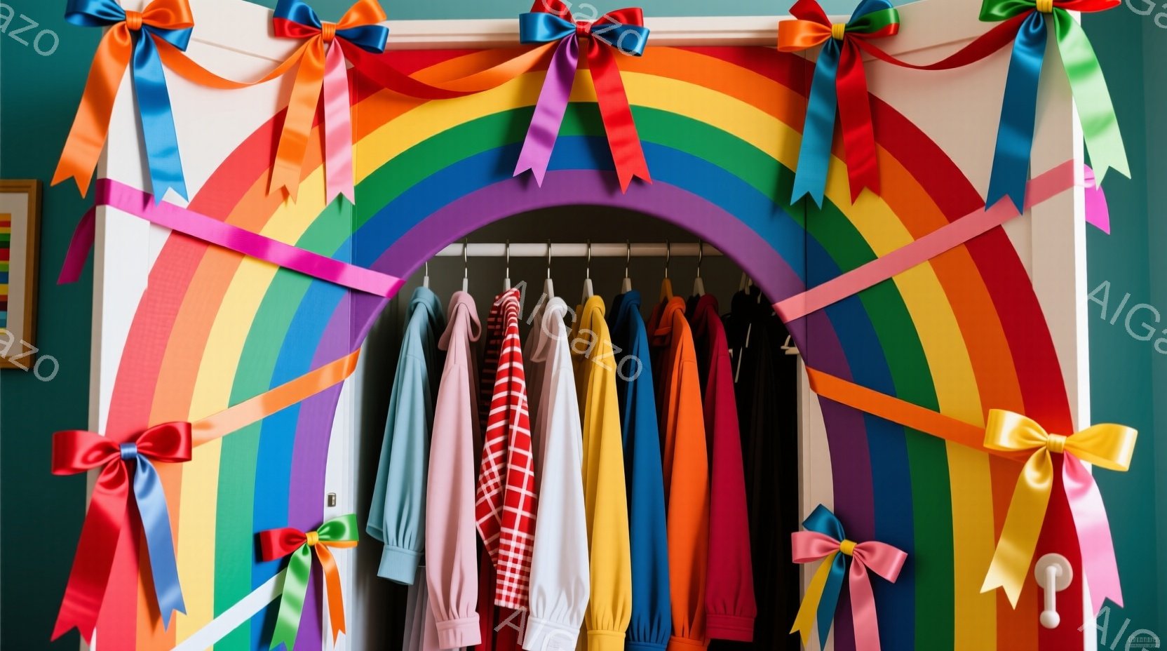 カラフルなリボンで装飾されたアーチが印象的な画像です。ハンガーには、ピンク、白、赤、黒など様々な色のコートやジャケットが並べられており、ファッションクローゼットの様子が伺えます。背景は明るい緑色で、全体的に明るく華やかな雰囲気が漂っています。