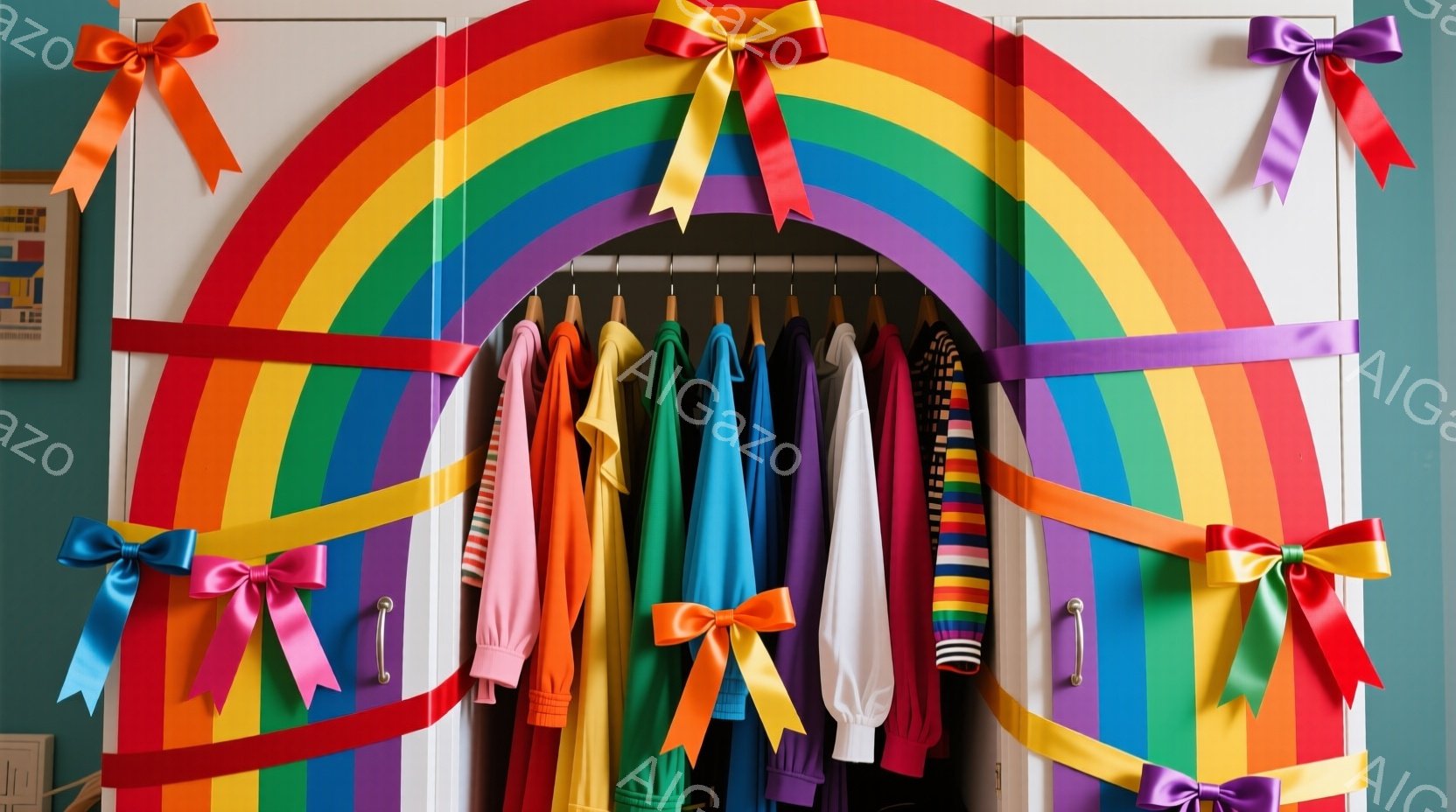 白いドア枠に虹色のリボンが飾られ、カラフルな服がハンガーに並んでいる様子が写っている。リボンにはそれぞれ対応する色の大きなリボン結びがついており、まるで虹のアーチのように見える。全体的に明るく陽気な雰囲気で、子供部屋や遊び心のある空間を連想させる。