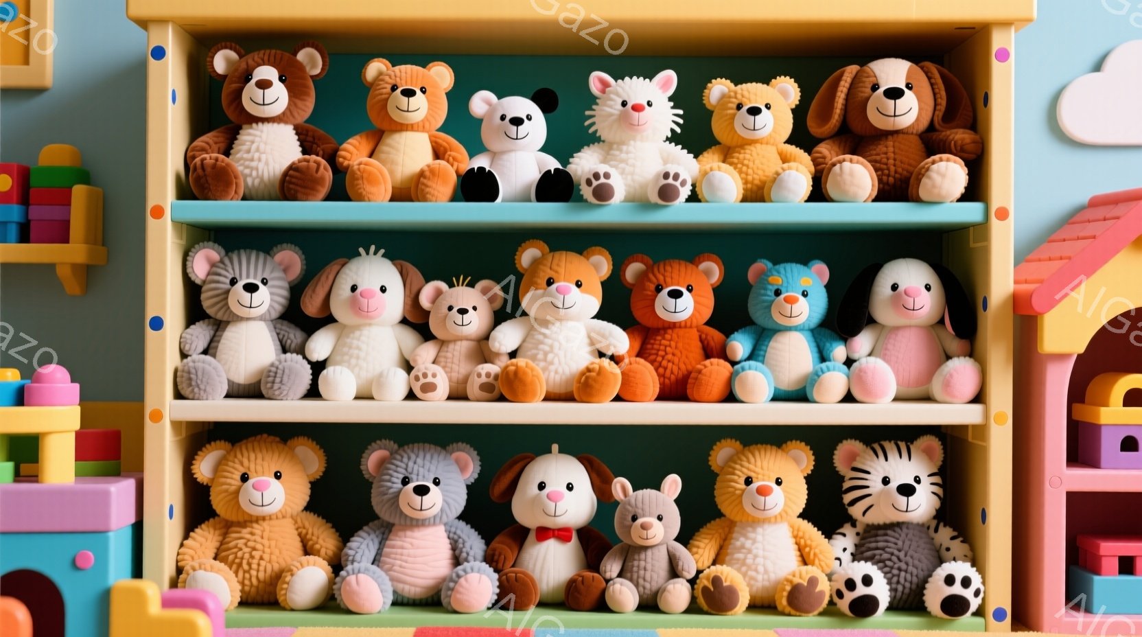 複数のテディベアや動物のぬいぐるみたちが、緑色の棚に整然と並べられています。それぞれのぬいぐるみは愛らしい表情をしており、カラフルで可愛らしい雰囲気です。背景にはブロックや建物の模型が見え、子供部屋の - AI生成フリー素材