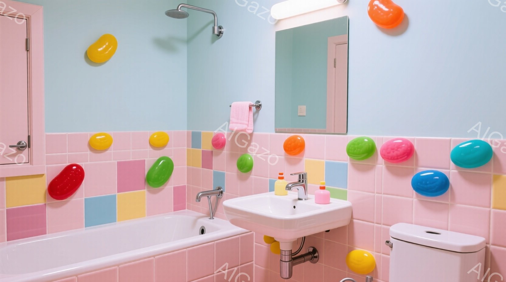 明るいピンク色のタイル張りのバスルームで、さまざまな色の風船が壁に貼り付けられています。白いバスタブ、洗面台、トイレがあり、洗面台には石鹸やシャンプーのボトルが置かれています。全体的に、遊び心があり、カラフルで楽しい雰囲気が漂っています。