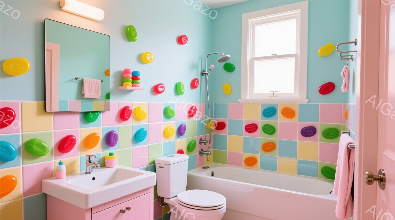 明るいピンク色のキャビネットと白い陶器製の洗面台とトイレが設置された浴室です。壁はパステルカラーのタイルで覆われ、カラフルな丸いステッカーが飾られています。全体的に陽気で遊び心のある雰囲気が漂い、子供向けの浴室として最適です。