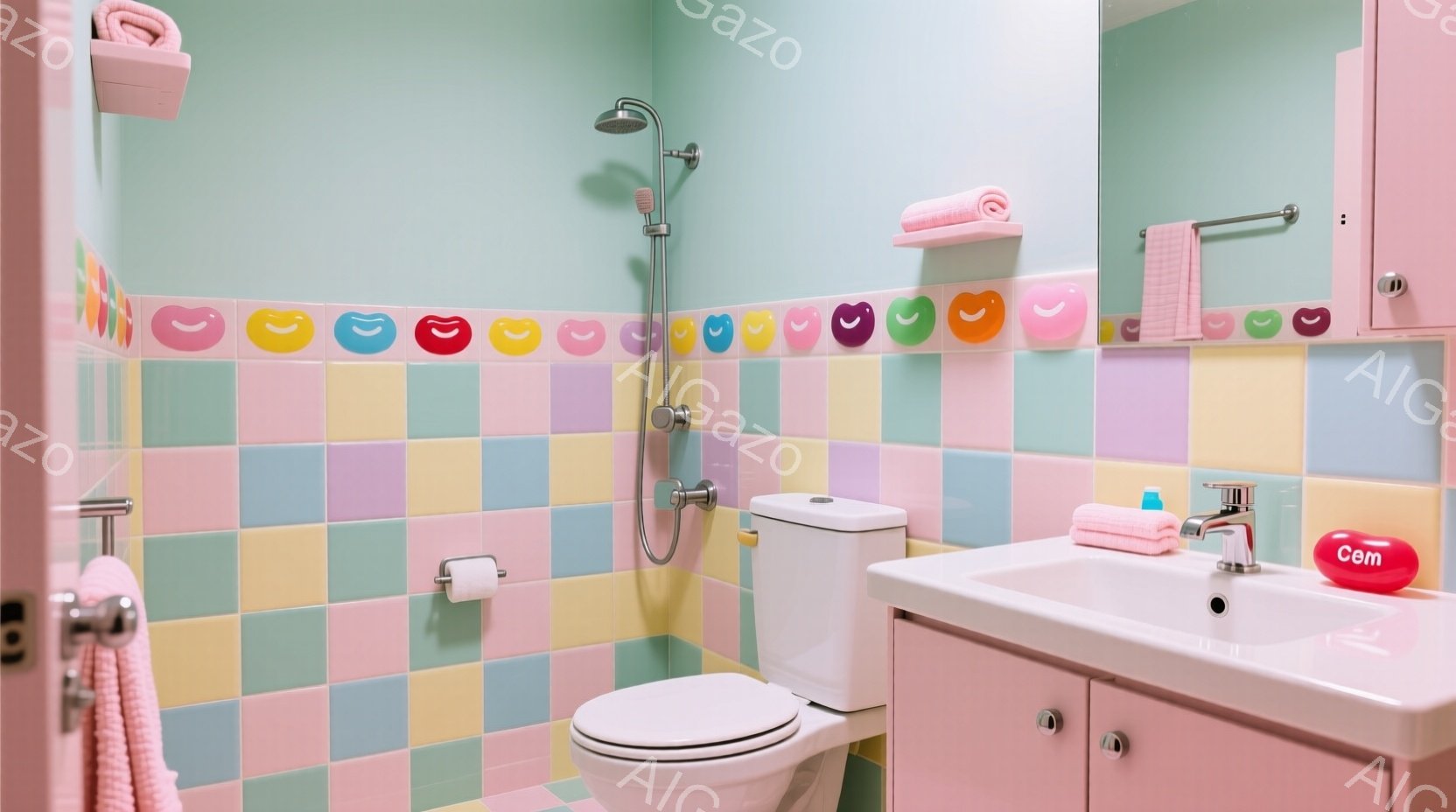 パステルカラーのタイルが貼られた可愛らしいバスルームです。ピンクのタオルがハンガーにかかり、洗面台の上には小さなピンク色の丸い物体が置かれています。全体的に明るく清潔感があり、遊び心のある雰囲気が漂っています。