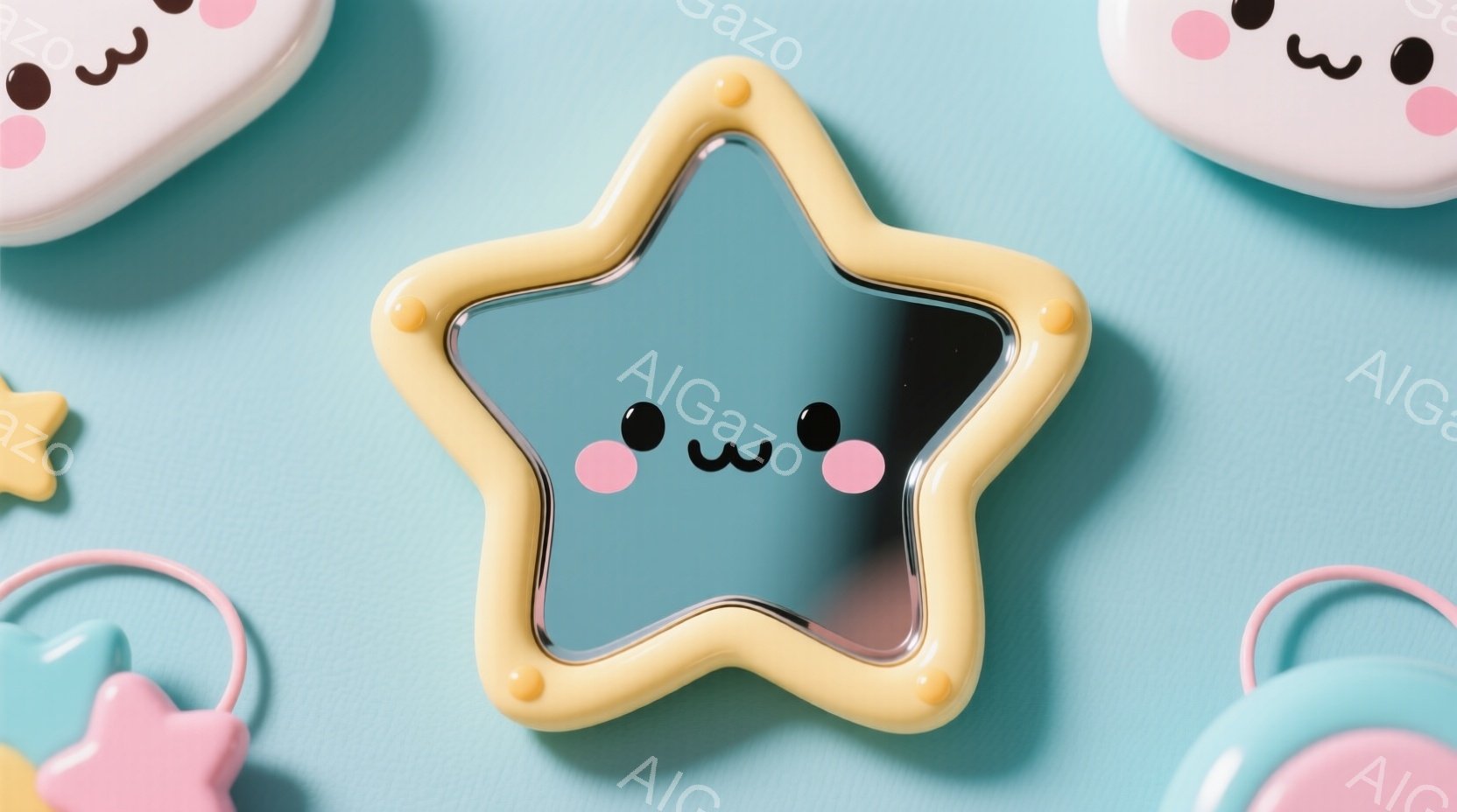 明るい水色の背景に、可愛らしい星型のコンパクトミラーが浮かんでいます。黄色の縁取りと、つぶらな瞳と口元が微笑ましい表情を作り出しています。周りにはパステルピンクの星や、同様の可愛らしいキャラクターのモチーフが配置されており、全体的に柔らかく夢幻的な雰囲気です。