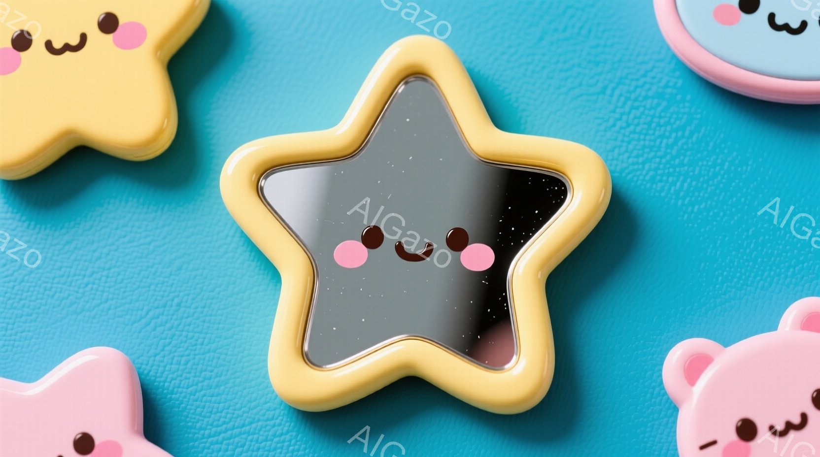 明るい水色の背景に、黄色い縁取りの星形ミラーと、ピンク色のクマの形のコンパクトが配置されています。星形ミラーは光沢があり、小さな星が散りばめられたように見え、可愛らしい笑顔が描かれています。全体的にパステルカラーで、ポップで明るい雰囲気を醸し出しています。