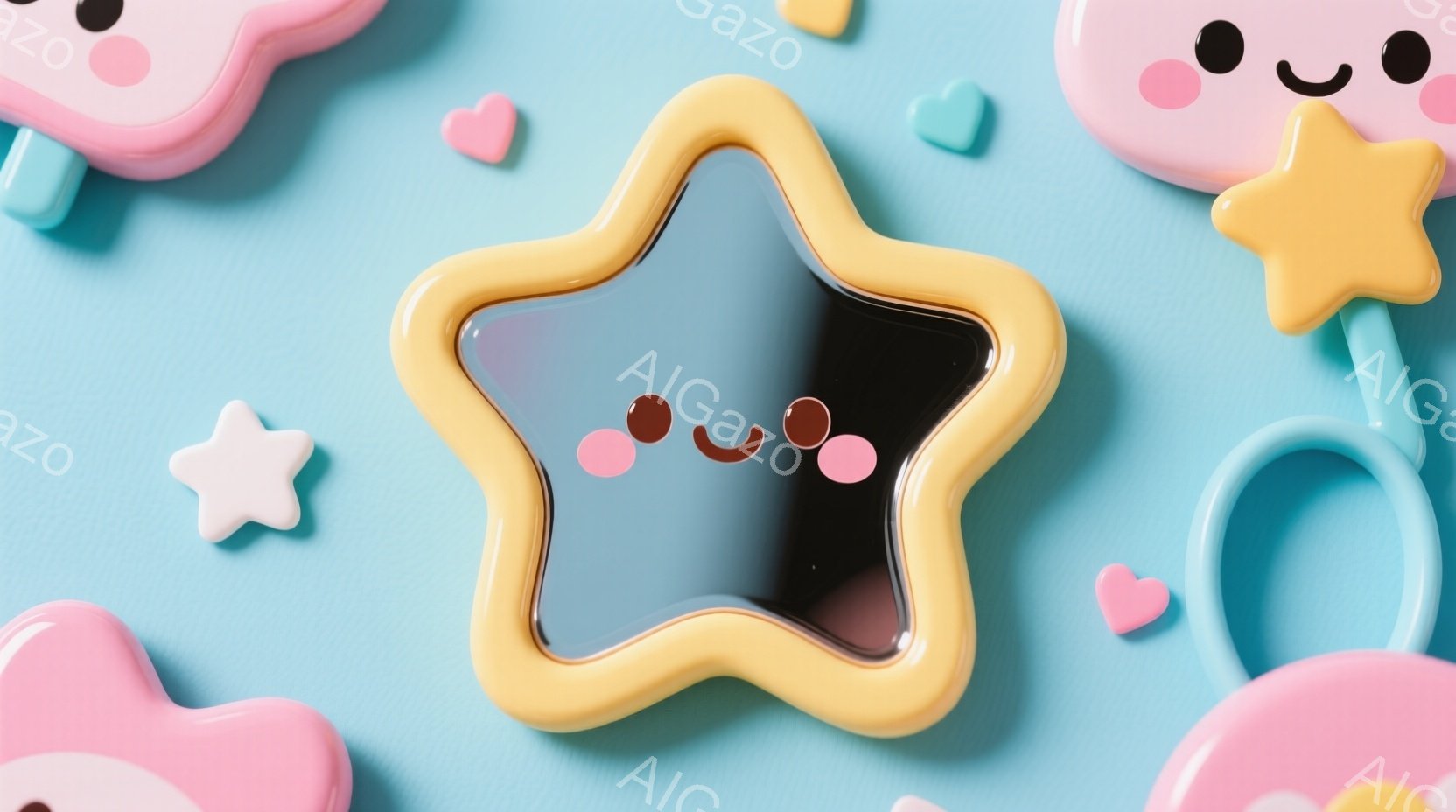 明るい水色の背景に、様々な形の可愛らしいパステルカラーのアイテムが散りばめられています。中央には、黄色い縁取りのある黒い星形のコンパクトミラーがあり、可愛らしい表情のピンク色のチークが両端に付いています。全体的に柔らかく、甘い雰囲気で、子供向けのイラストレーションやステッカーのようです。