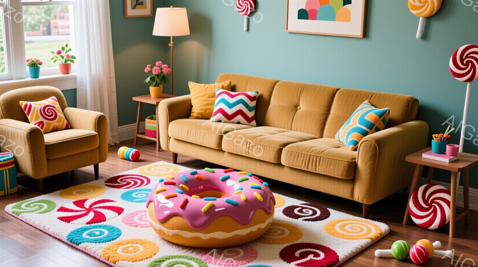 明るい青緑色の壁を背景に、オレンジ色のソファとアームチェアが置かれたリビングルームです。カラフルな円形のラグの中央には、大きなピンク色のドーナツ型のクッションがあり、部屋全体が甘くて遊び心のある雰囲気に包まれています。窓からは自然光が差し込み、おもちゃや花瓶が置かれたテーブルなど、可愛らしい装飾が目を引きます。