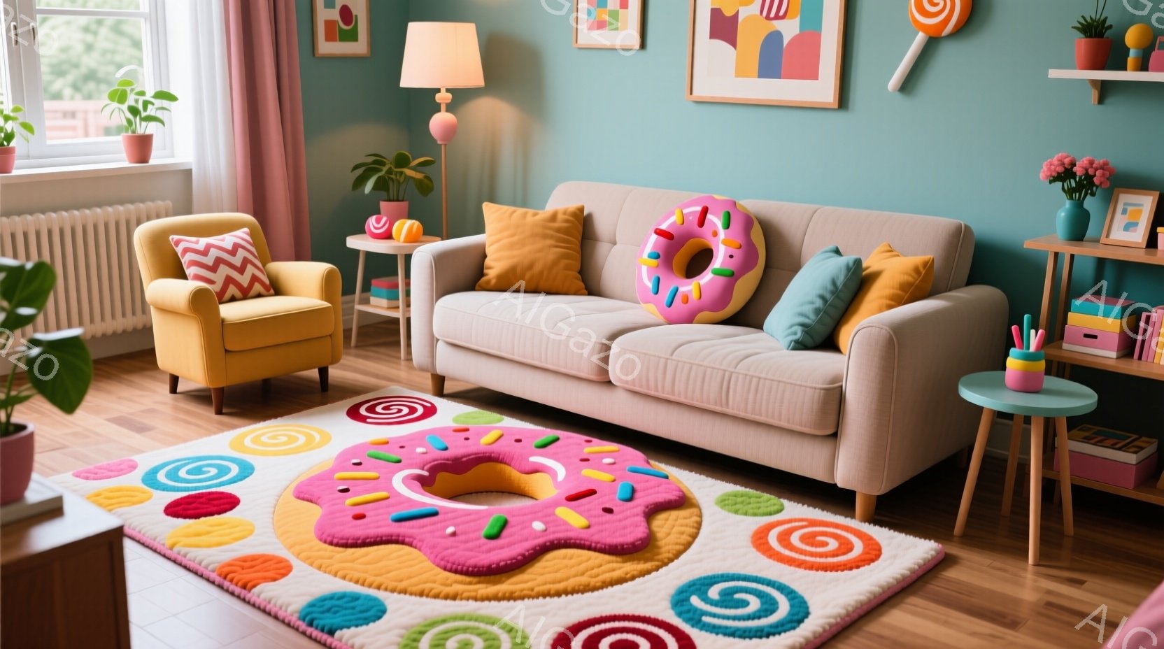 明るいリビングルームには、ドーナツ柄のカラフルなラグが敷かれており、その上にベージュのソファが置かれています。部屋はパステルカラーで統一されており、オレンジ、ピンク、ターコイズブルーのクッションや、植 - AI生成フリー素材